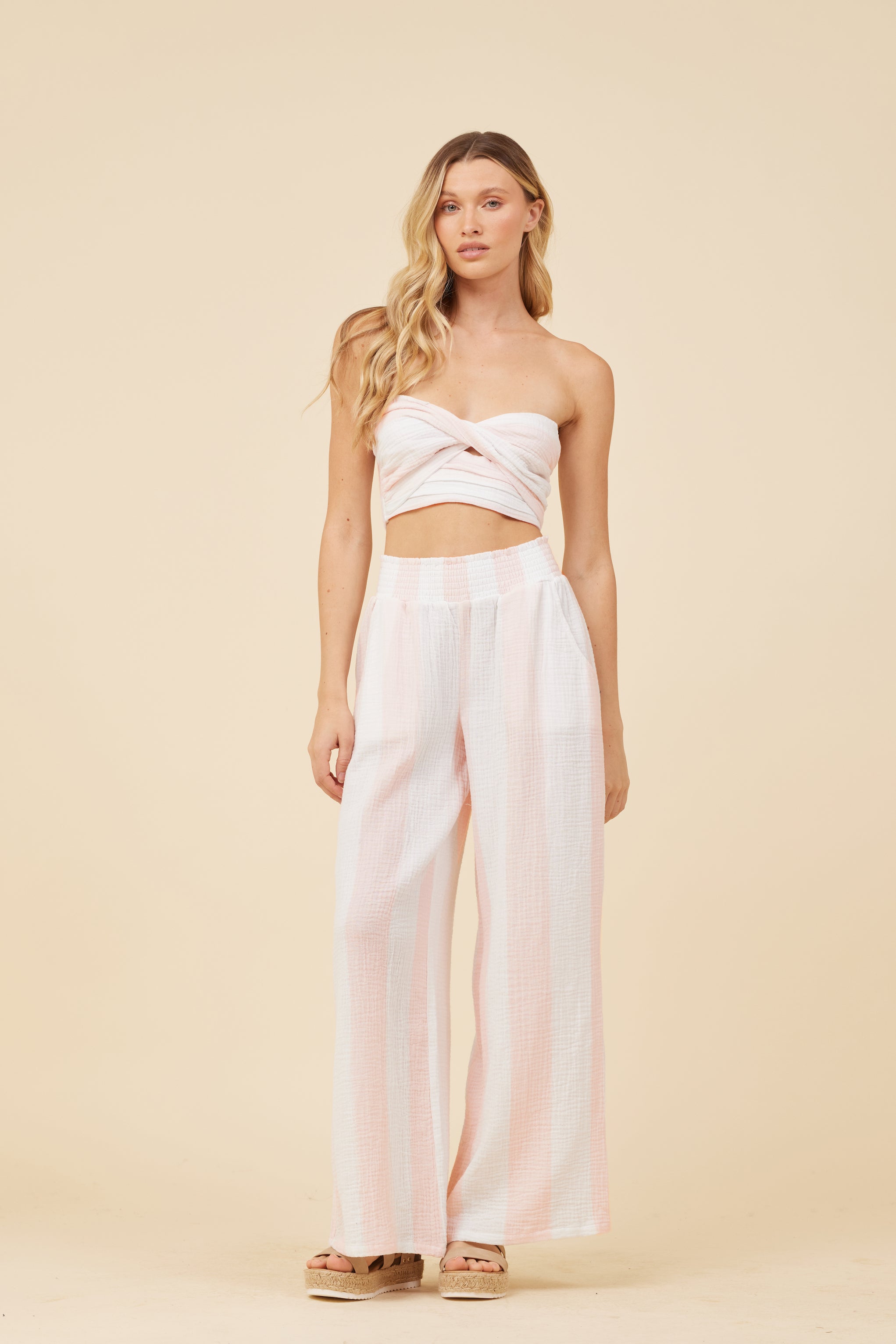 Pink & White Cabana Stripe Gauze Bandeau Crop Top