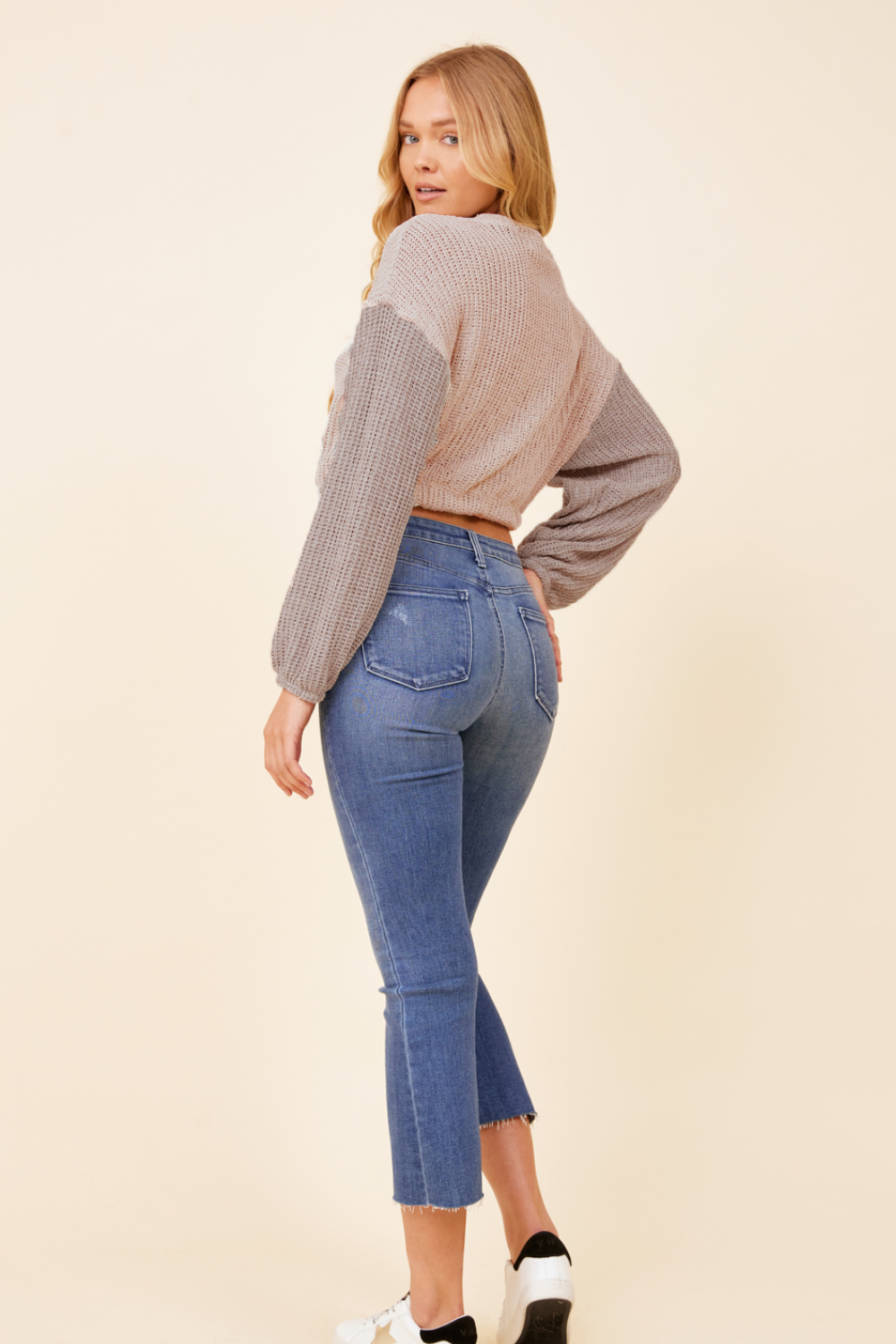 Light Grey w/ Mauve Tie Front Color Block Sweater – Tops – VintageHavana.com