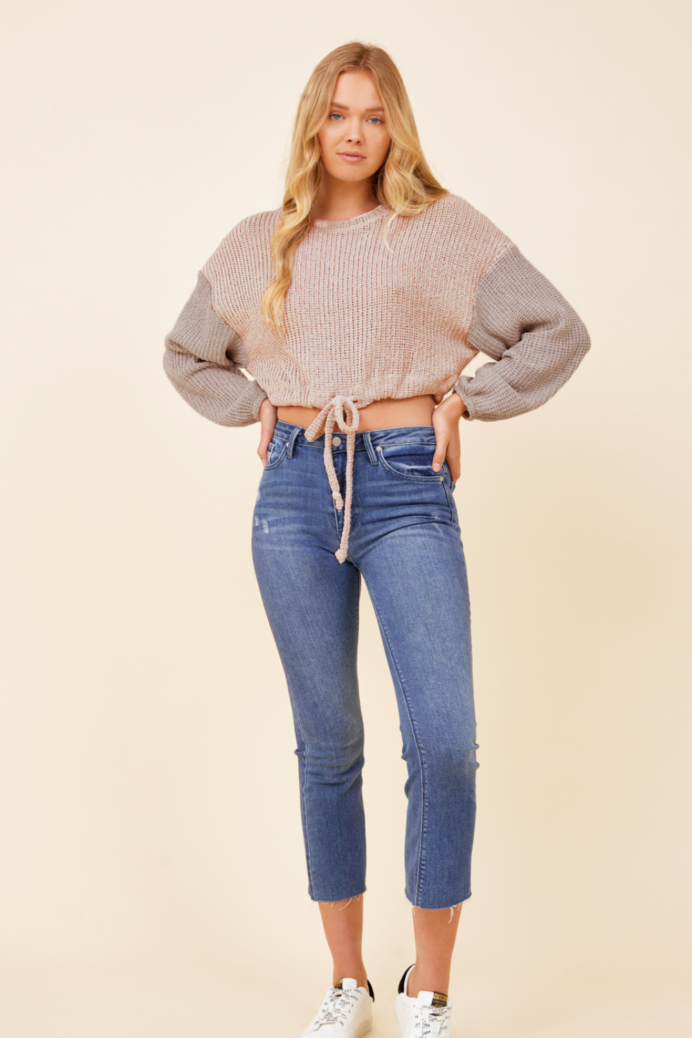 Light Grey w/ Mauve Tie Front Color Block Sweater – Tops – VintageHavana.com