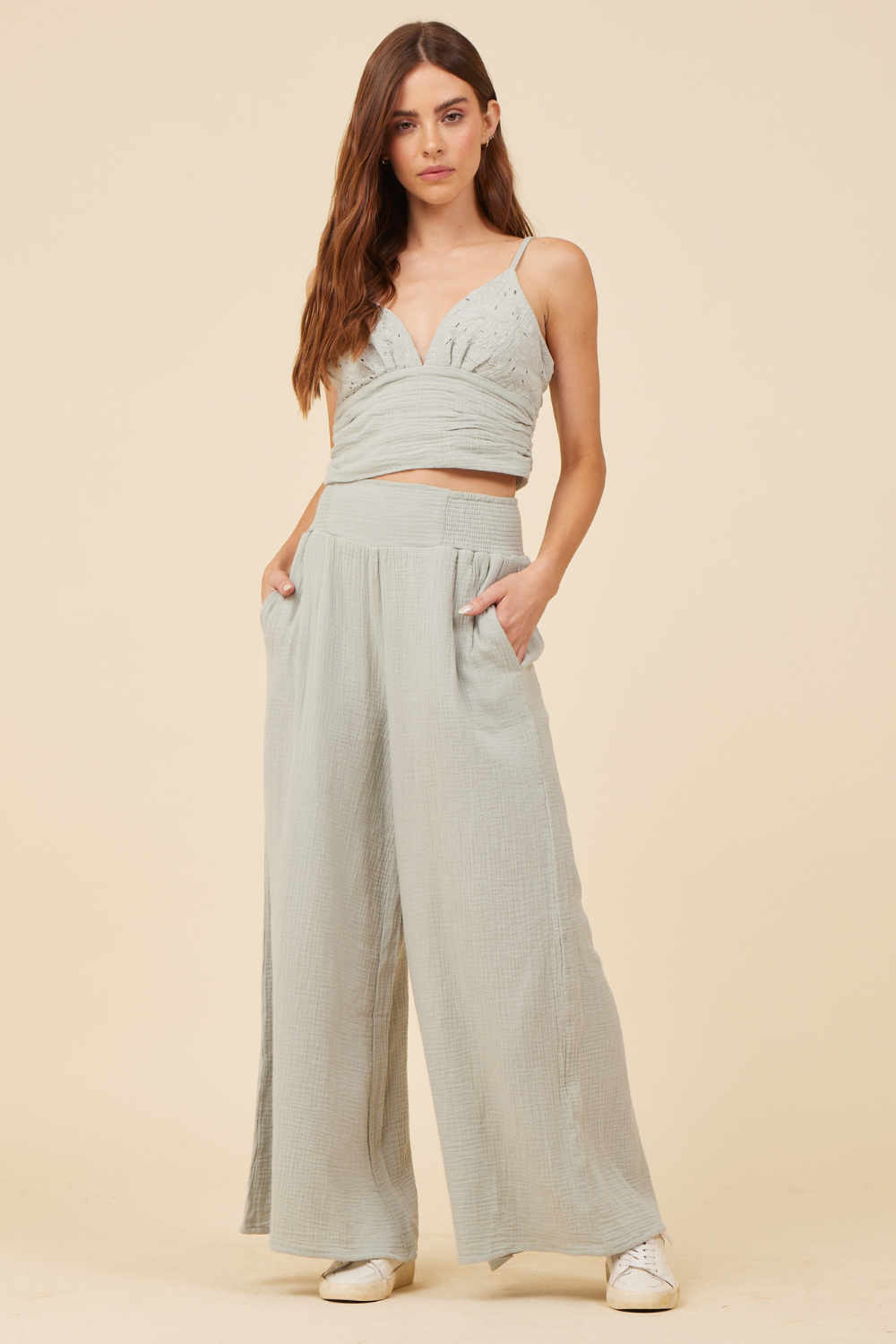 Washed Sage Gauze Eyelet Embroidered Cropped Tank