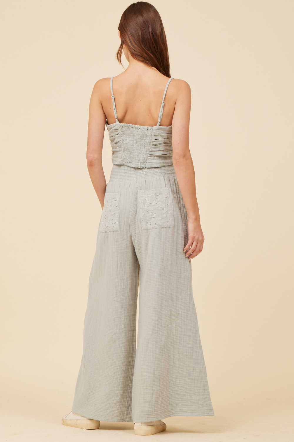 Washed Sage Gauze Eyelet Embroidered Cropped Tank