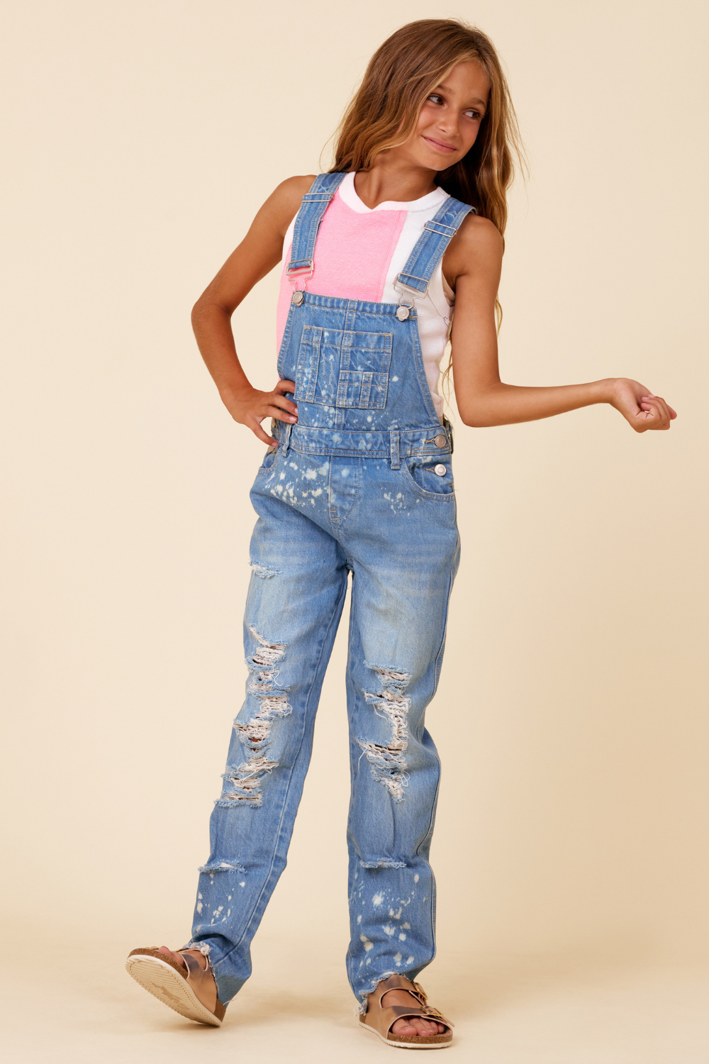 Medium Acid Distressed Denim Overalls