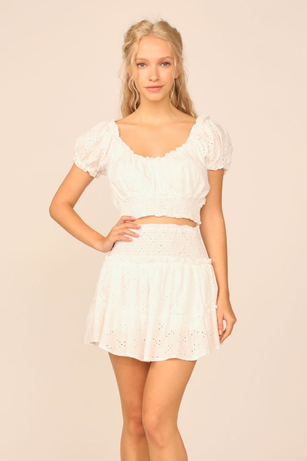 VH x OD - White Eyelet Smocked Crop Top