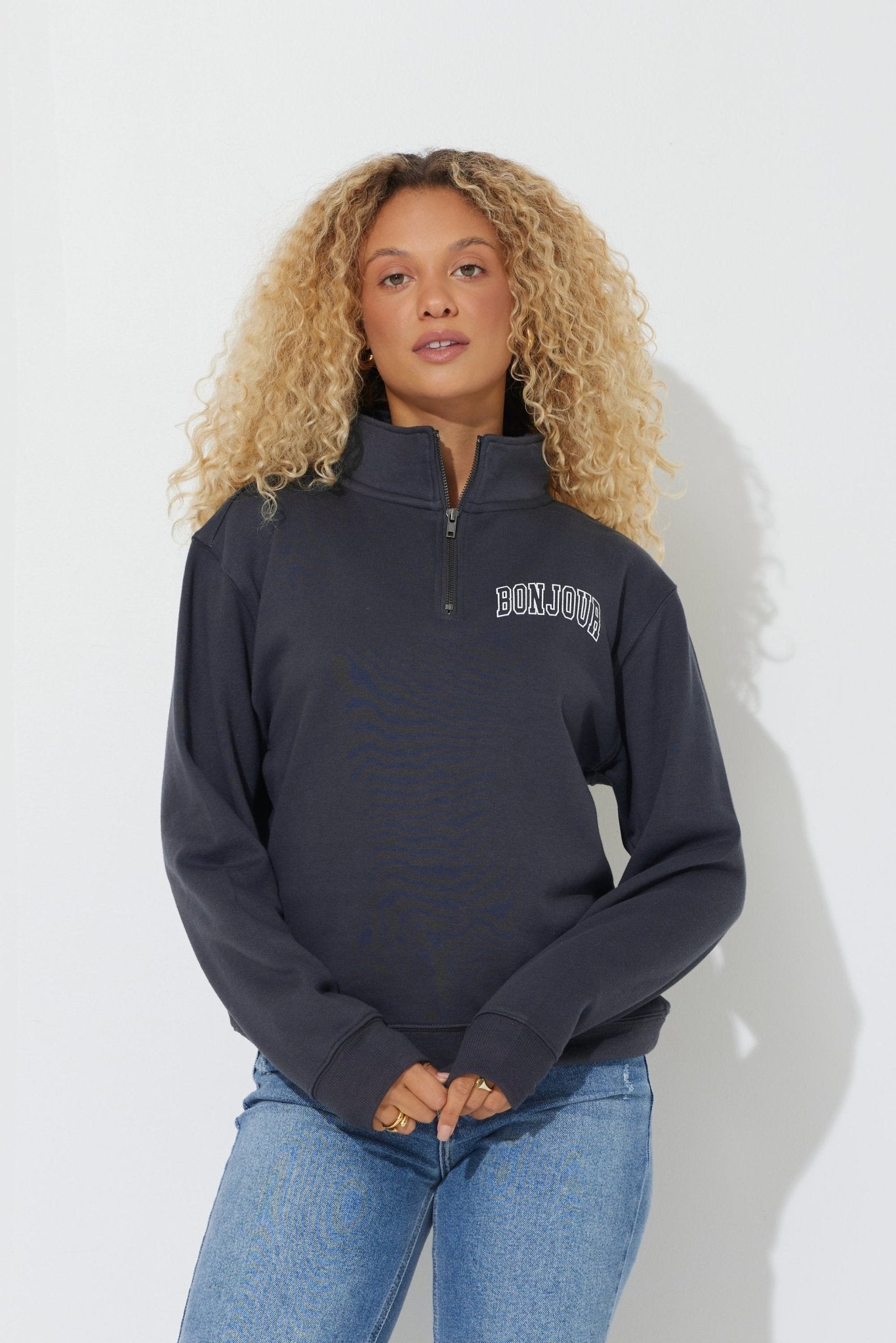 Black "Bonjour" Quarter Pigment Dyed Zip Sweatshirt