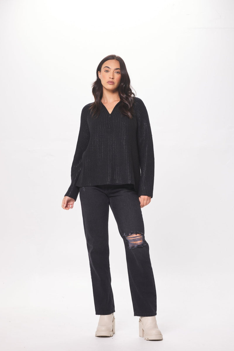 Black Coated Quarter Zip Sweater