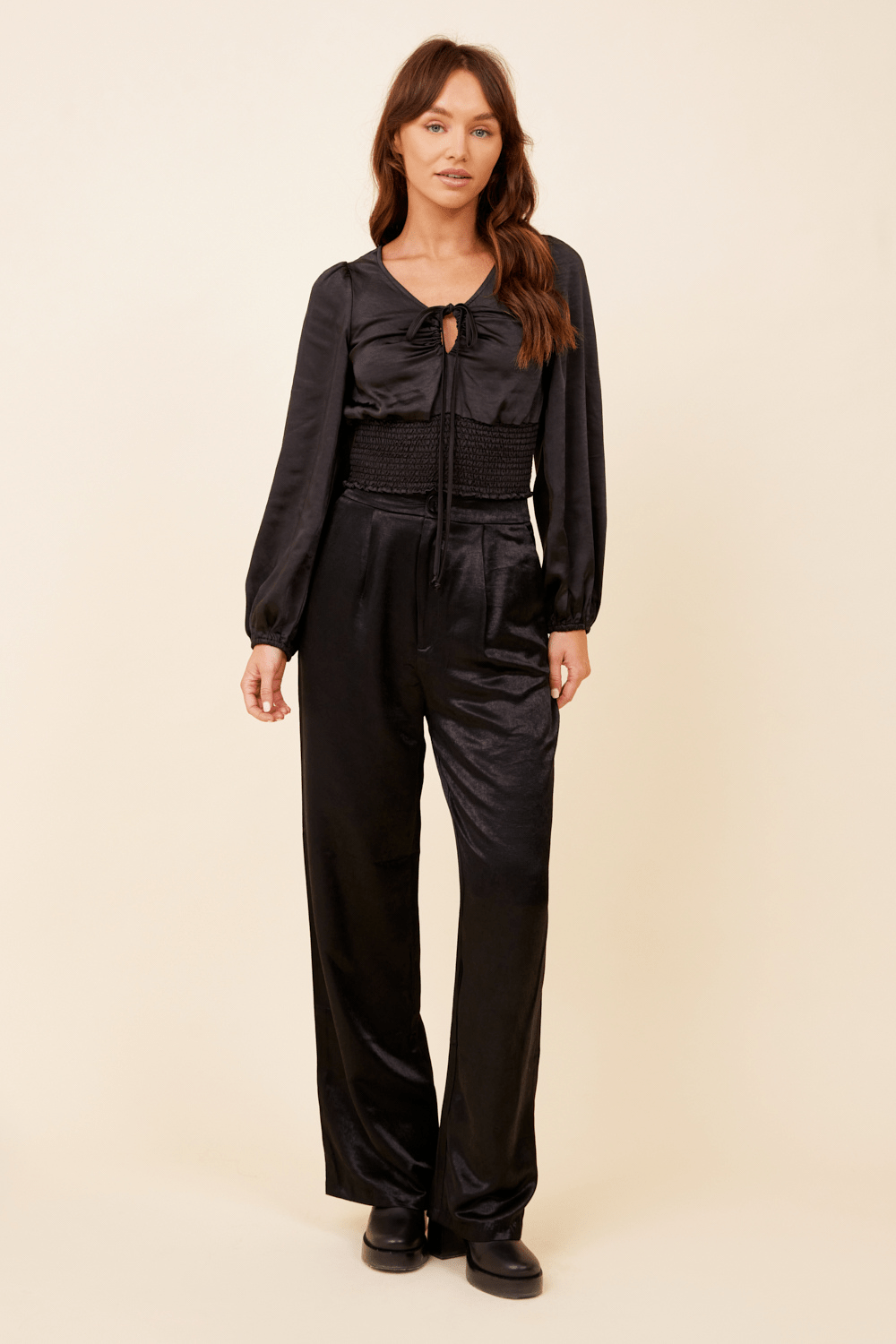 Black Heavy Satin Criss Cross Blouse
