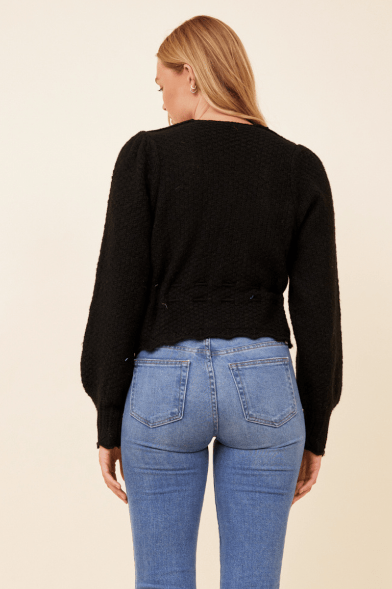 Black Lace-Up Balloon Sleeve Sweater