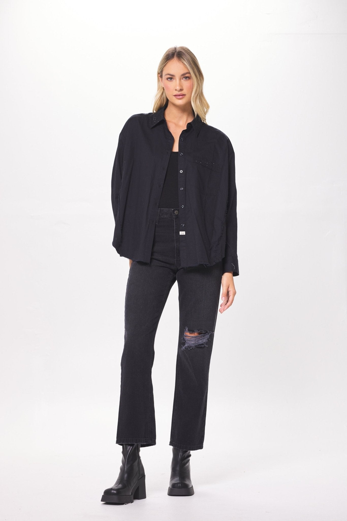 Black Poplin Shirting w/ Rhinestones