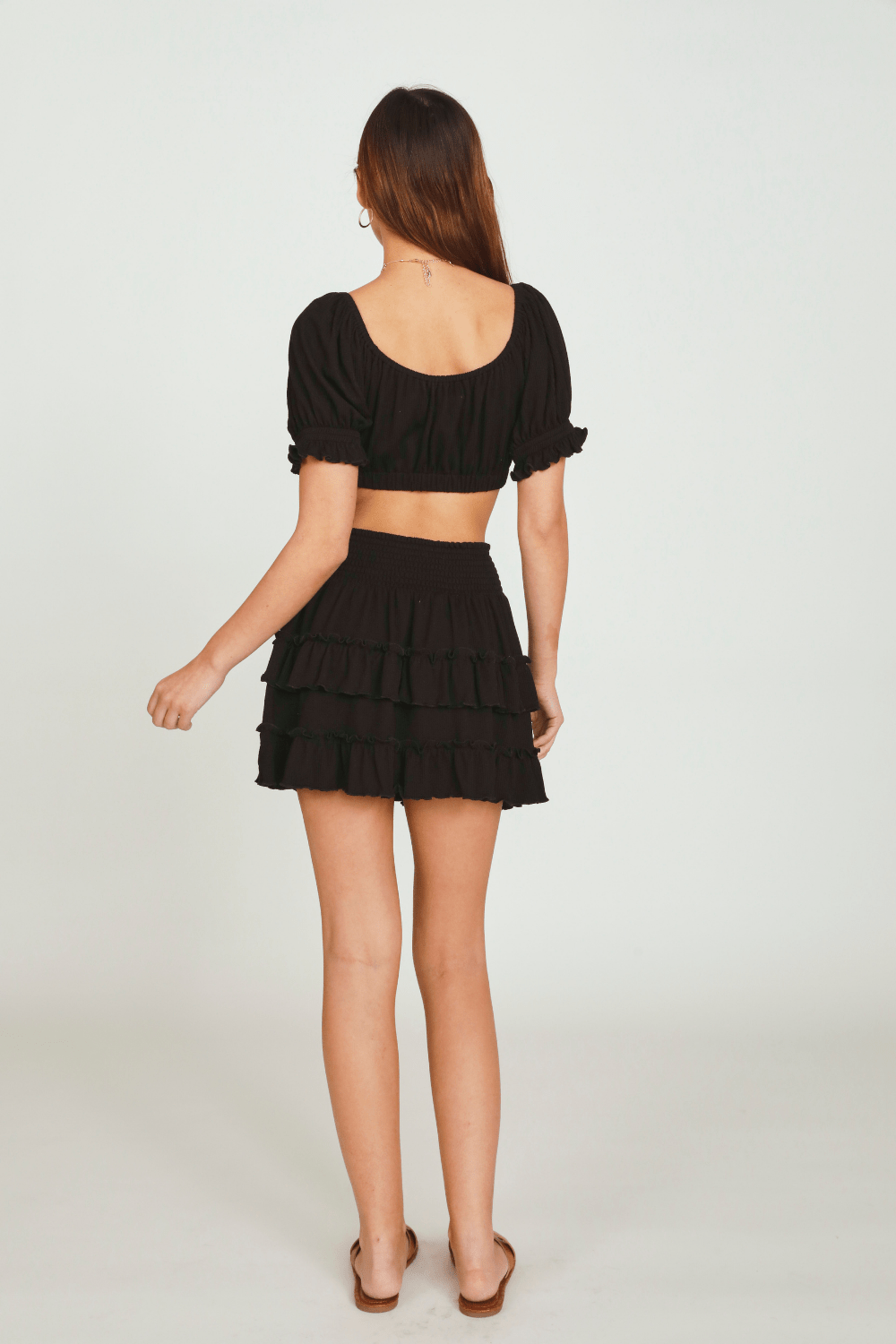 Black Rib Knit Tie Front Balloon Sleeve Crop Top