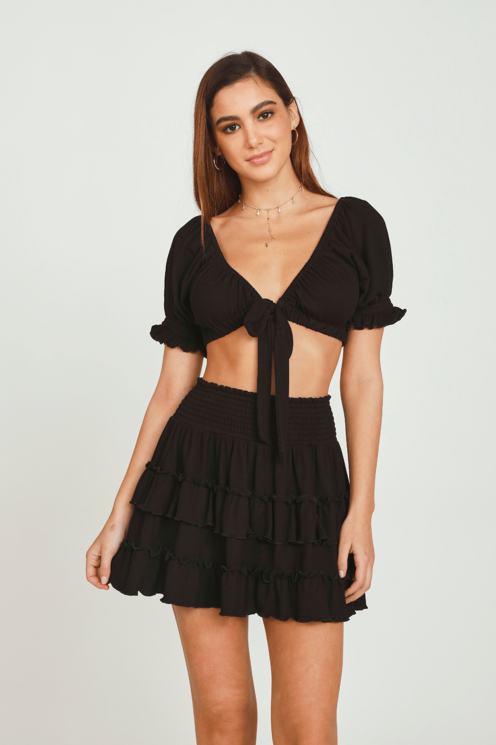 Black Rib Knit Tie Front Balloon Sleeve Crop Top