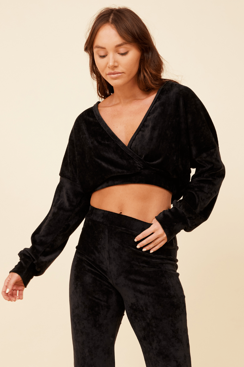 Black Velour Surplice Hoodie