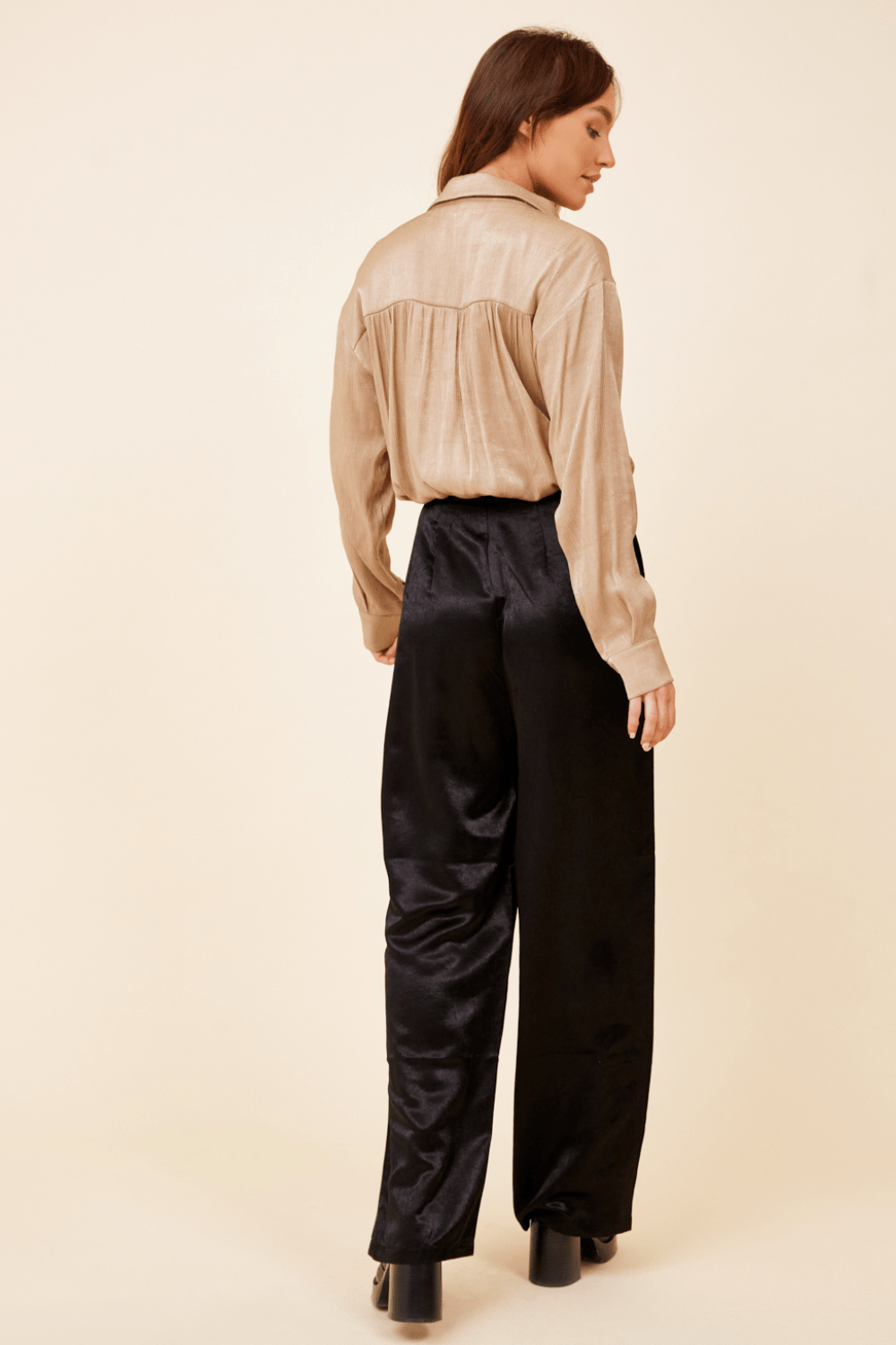 Champagne Satin Wrap Tie Button Down Top