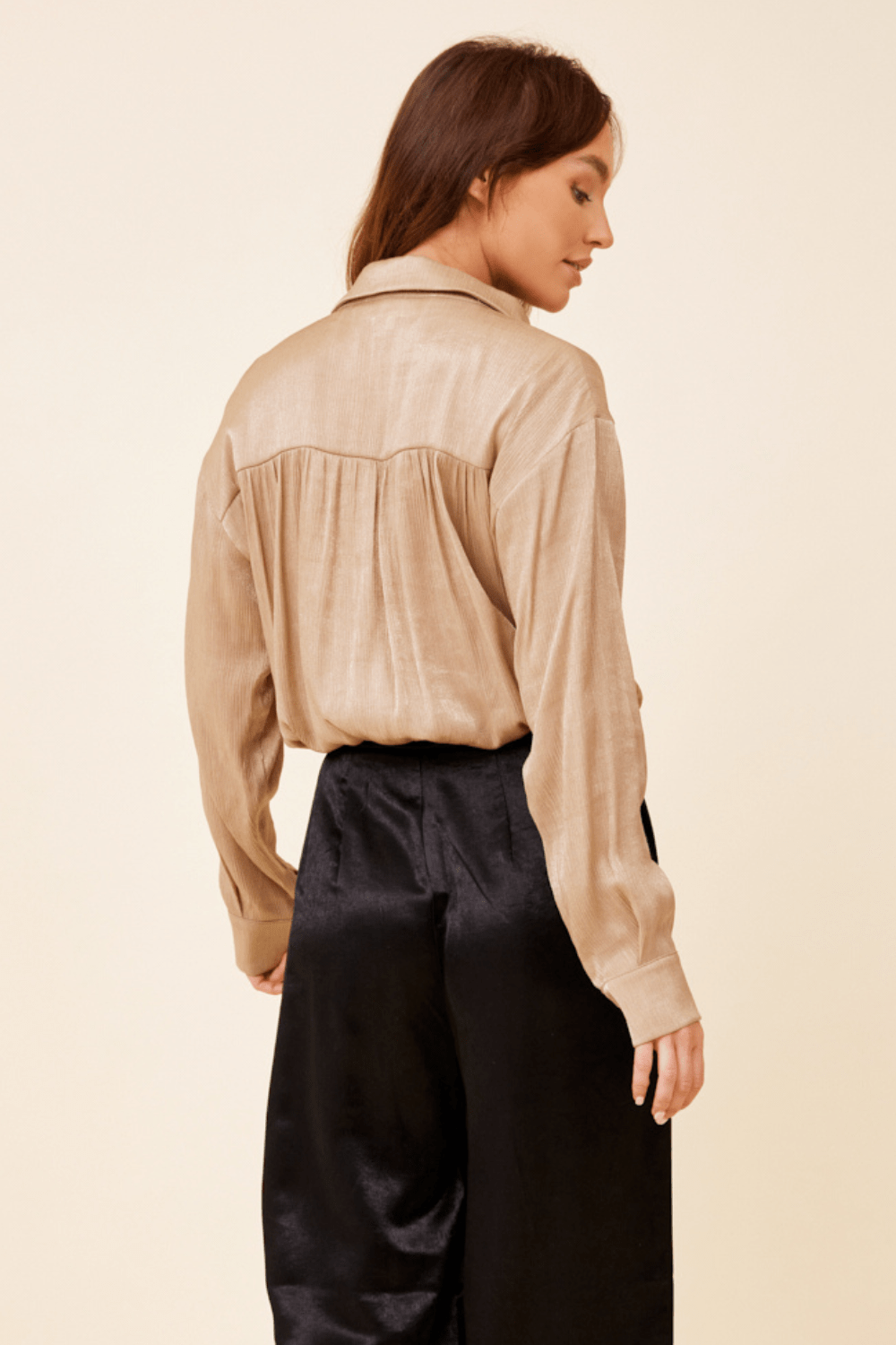 Champagne Satin Wrap Tie Button Down Top