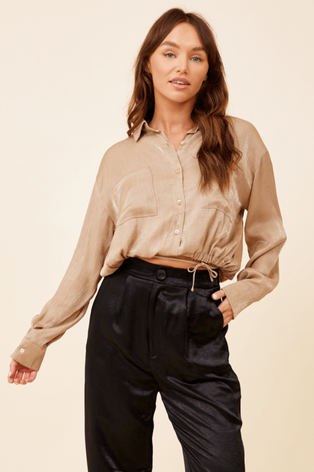 Champagne Satin Wrap Tie Button Down Top