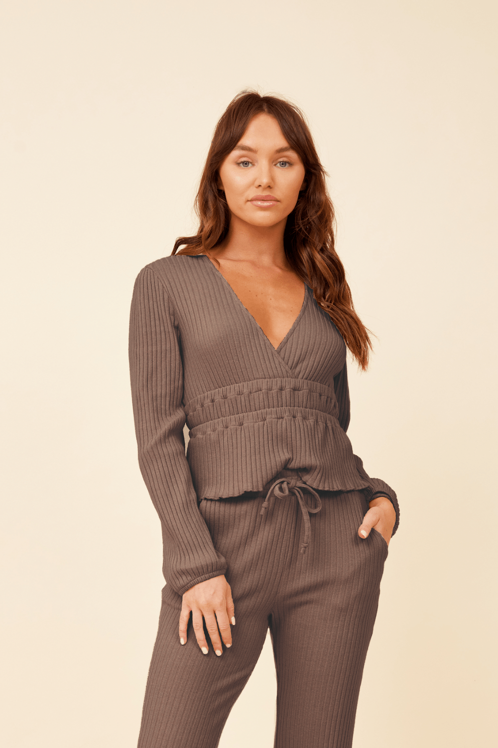 Chestnut Surplice Ribbed Long Sleeve Top