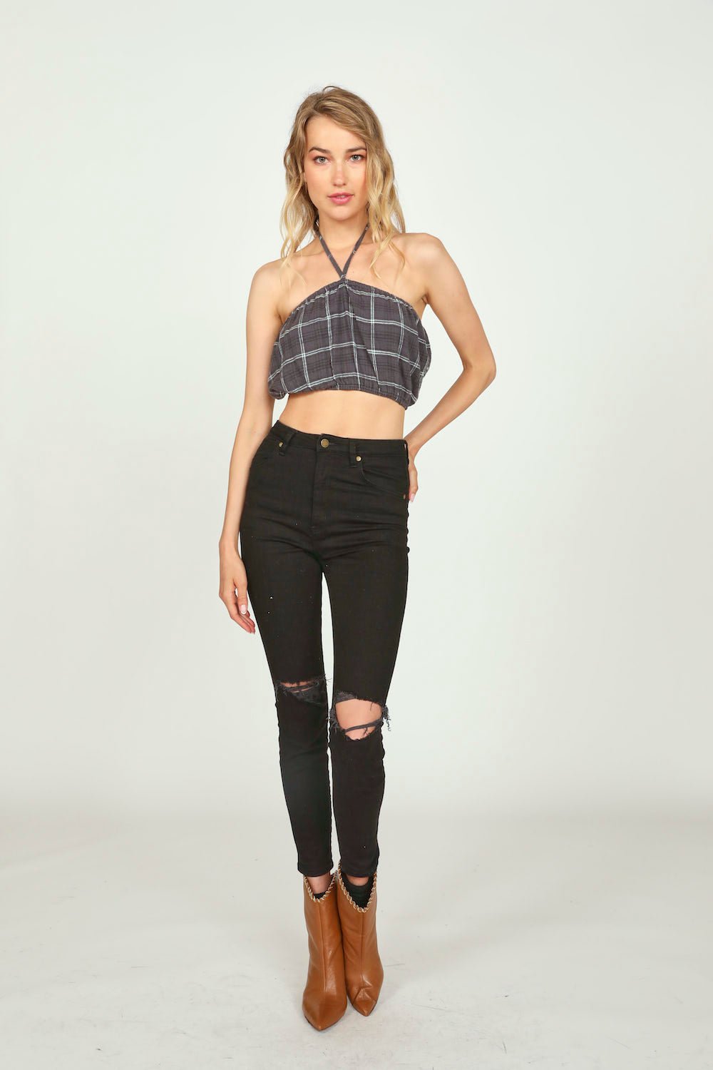Grey Plaid Flannel Halter Bandeau