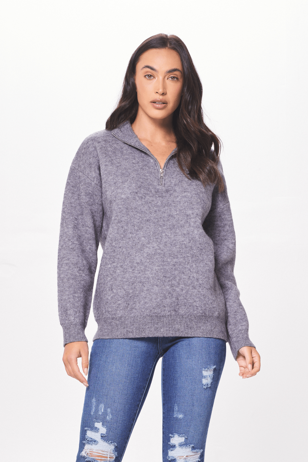 Heather Grey Pink Happy Quarter Zip Sweater