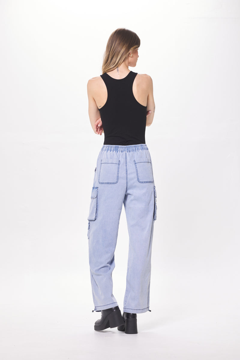 Stone Wash Blue Drapey Tencel Cargo Pant
