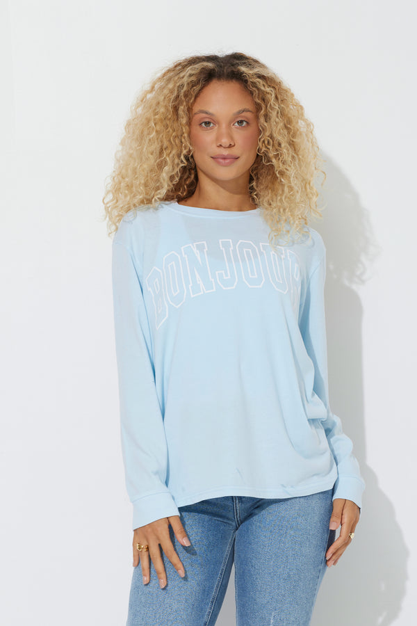 Sky Blue "Bonjour" Pigment Dyed Long Sleeve Tee