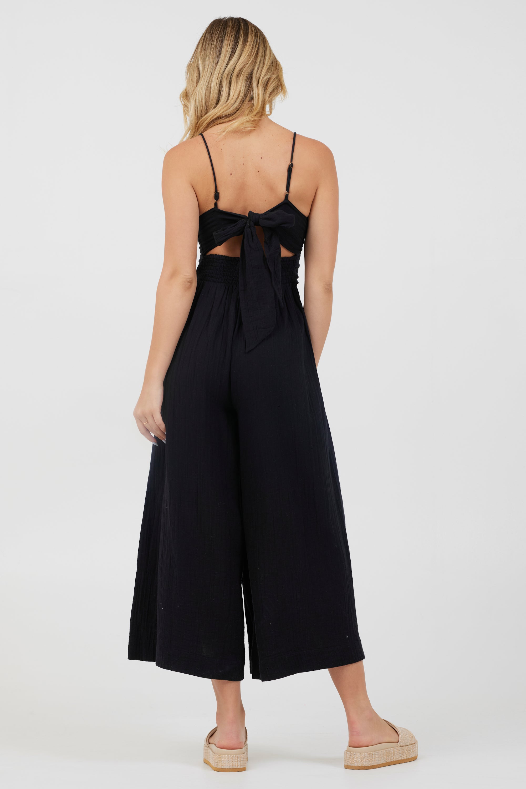 Black Lightweight Tie Front Jumpsuit