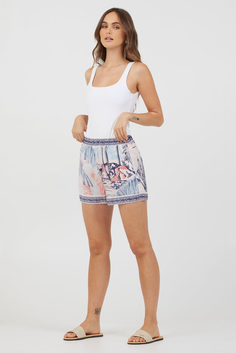 Blue & Pink Scenic Print Placement Shorts