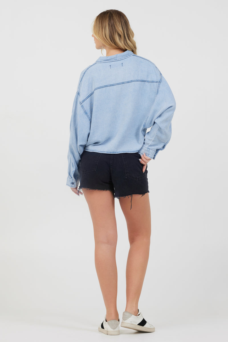 Washed Denim Tencel Cropped Button Up