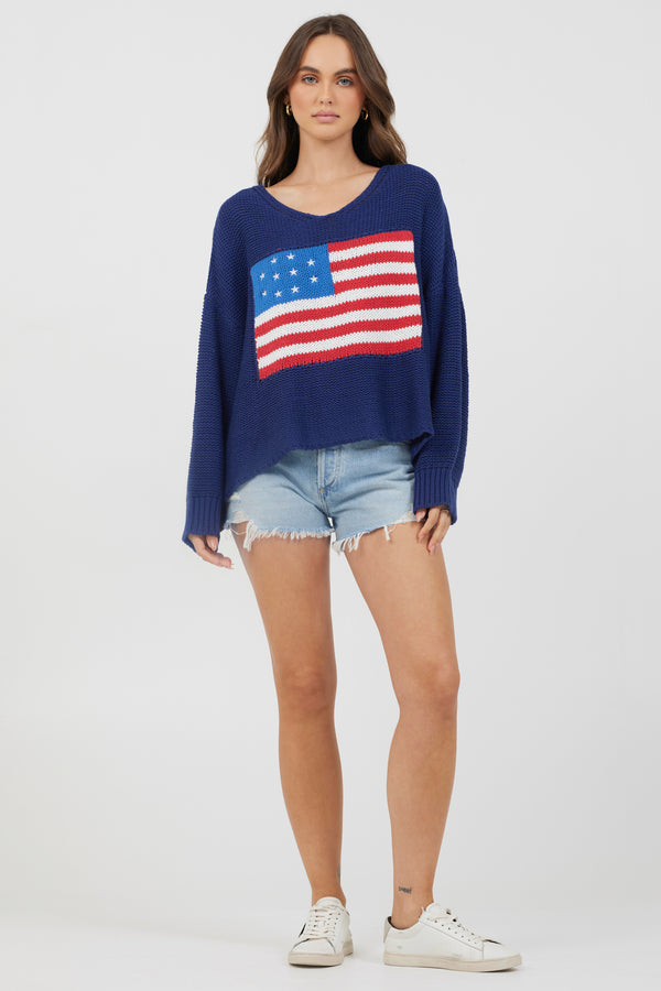 Navy Flag Embroidered Sweater