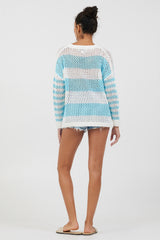 Tropical Turquoise Striped Netted Crewneck