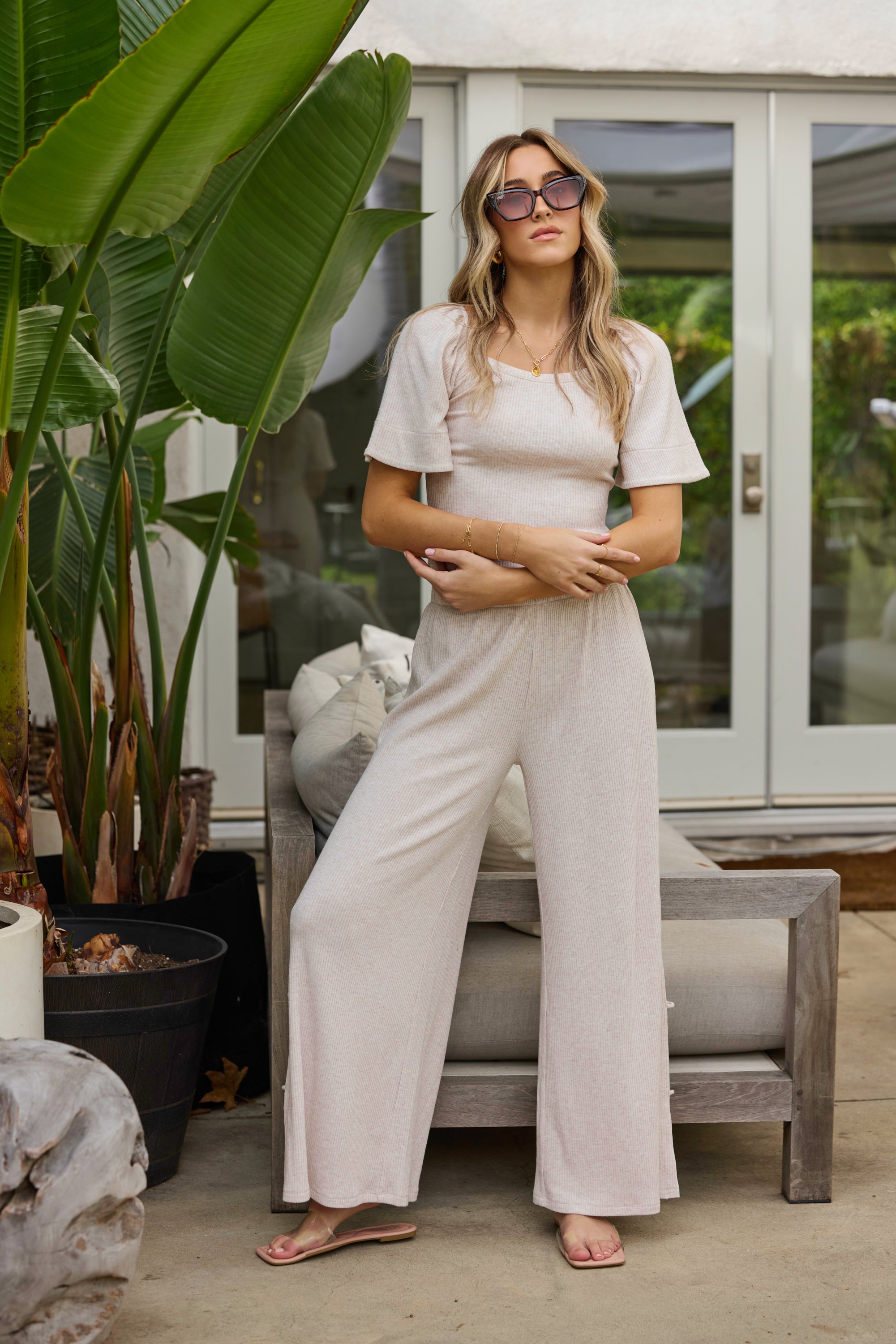 Heather Oatmeal Drapey Knit Cut Out Pants