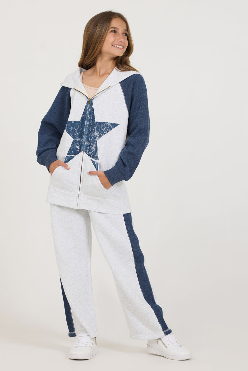 Kids Ash Grey Navy Color Block Oversized Star Hoody