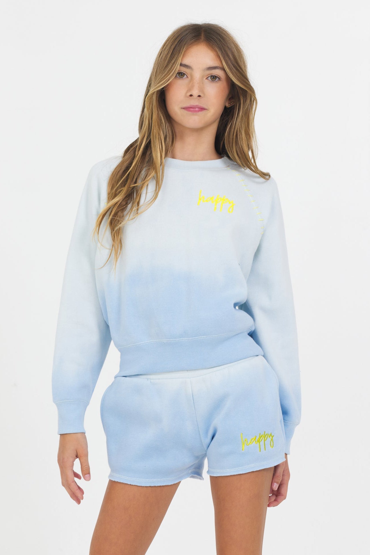 Ombre Blue Handstitch ‘Happy’ Crewneck