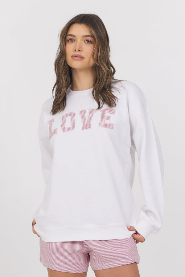 White with Strawberry Stripe "Love" Crewneck