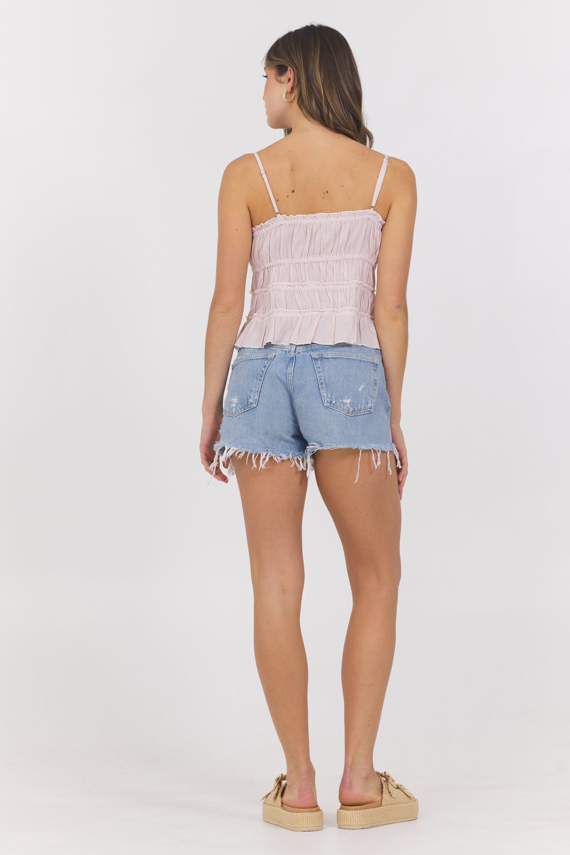 Strawberry Pinstripe Woven Ruffle Top