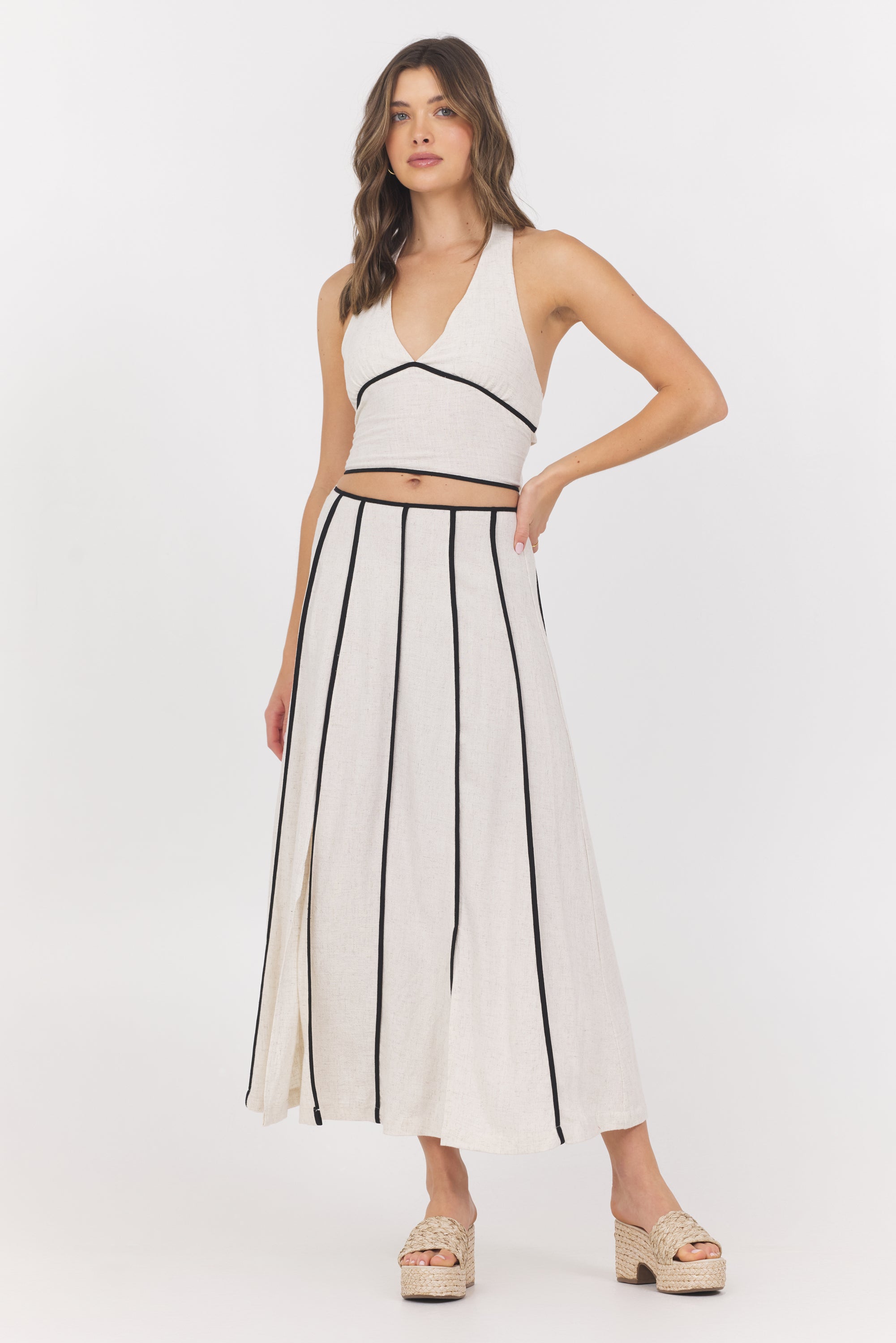 Linen Blend Maxi Skirt w/ Piping