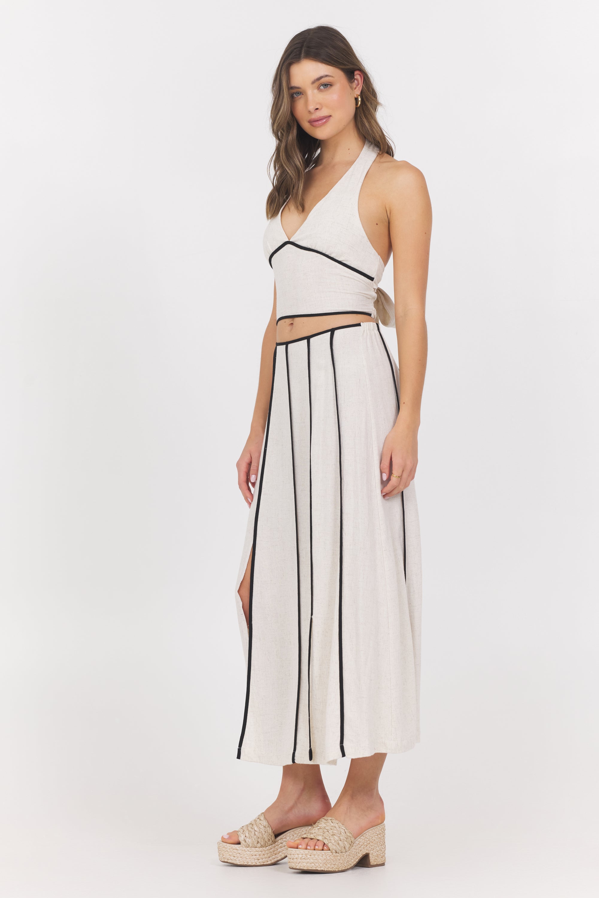 Linen Blend Maxi Skirt w/ Piping