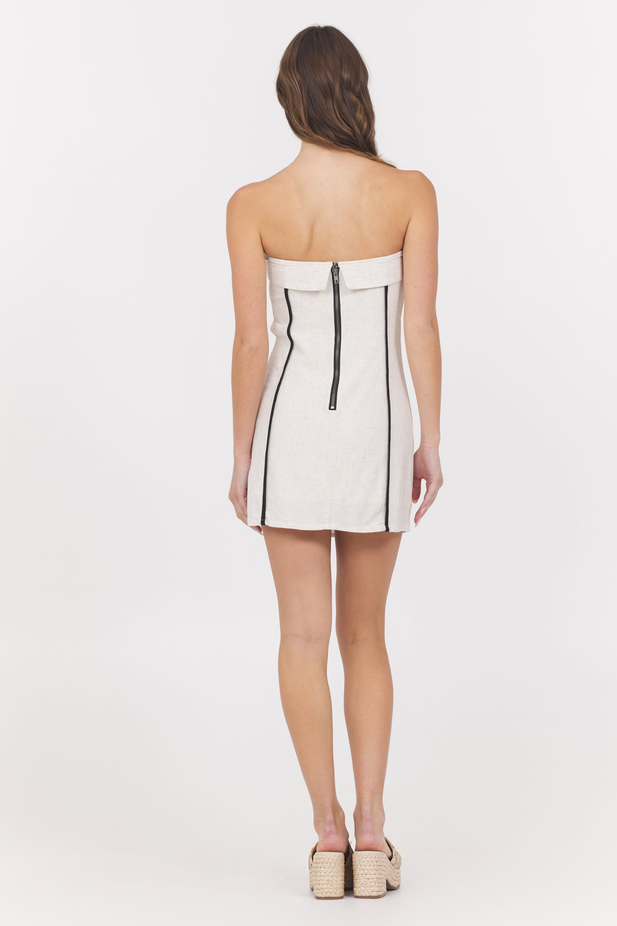 Linen Blend Mini Dress w/ Piping