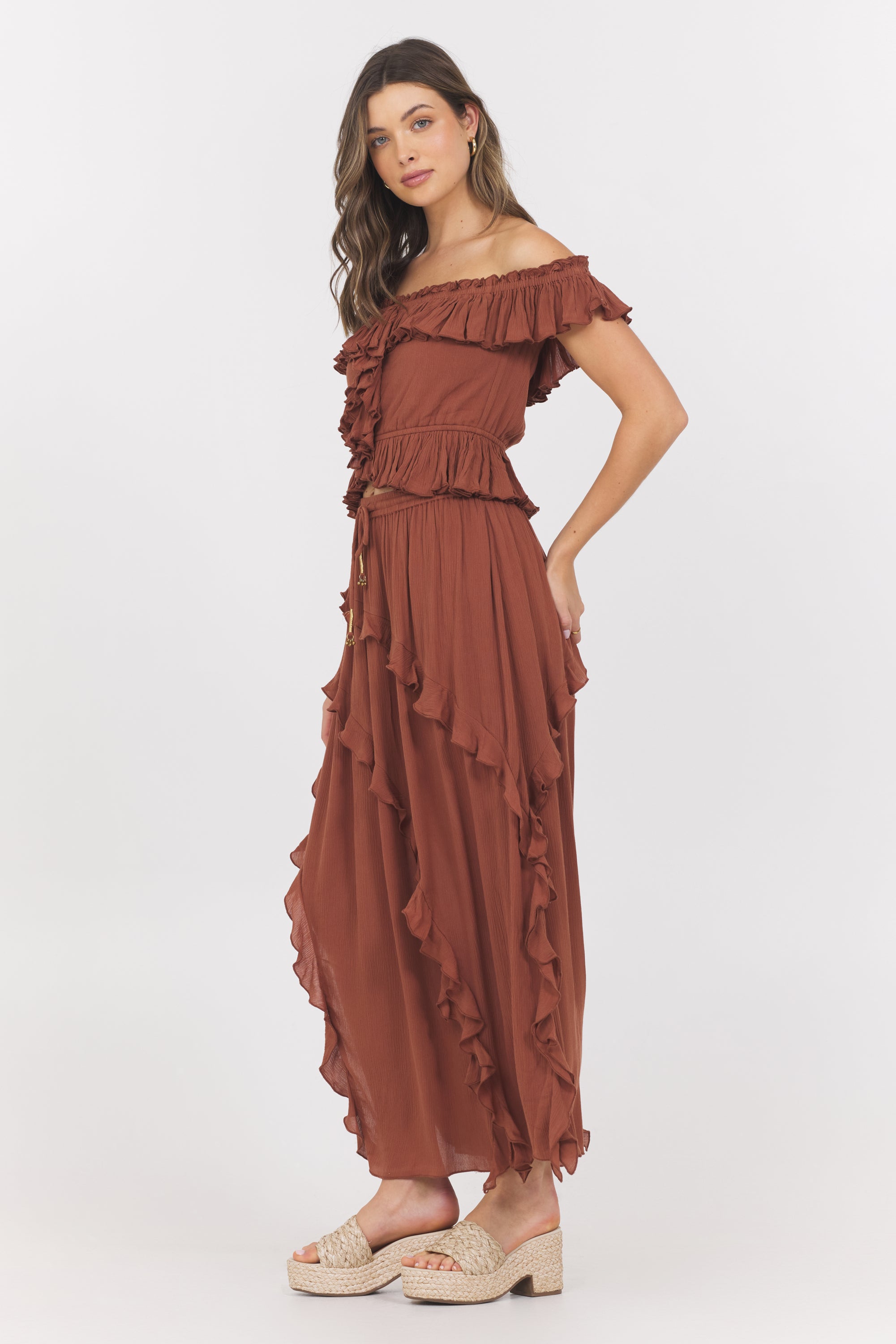 Sedona Sand Ruffle Off Shoulder Top