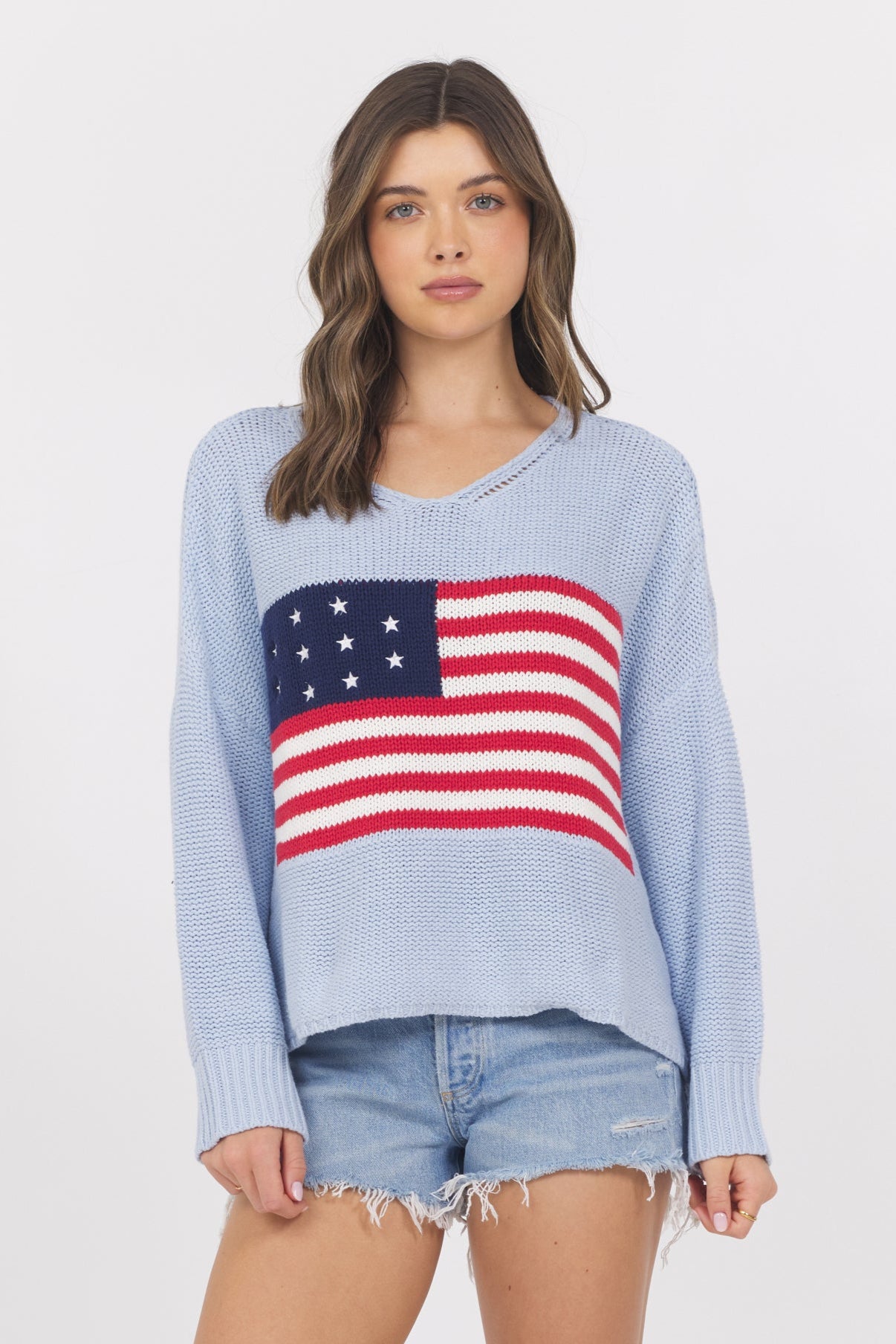 Light Blue American Flag Graphic Sweater