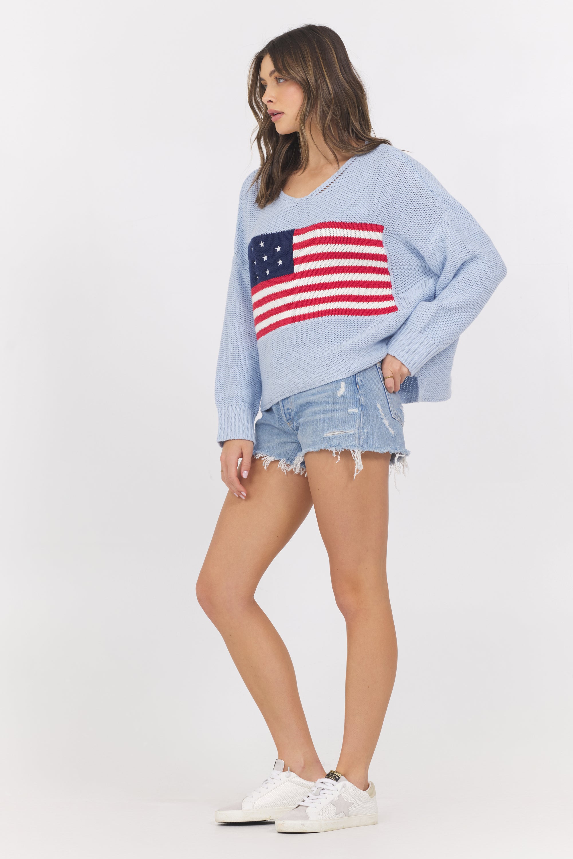 Light Blue American Flag Graphic Sweater
