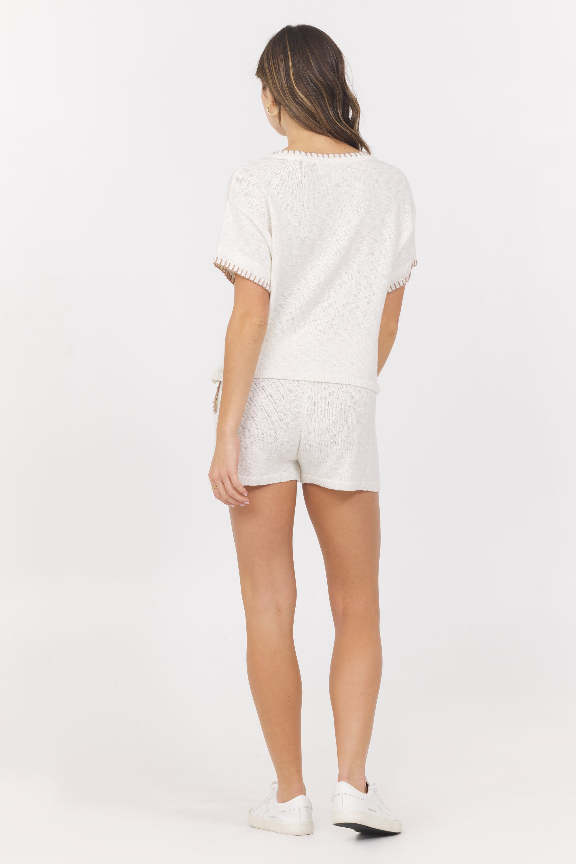 White Summer Sand Short Sleeve Sweater w/ Whipstitch