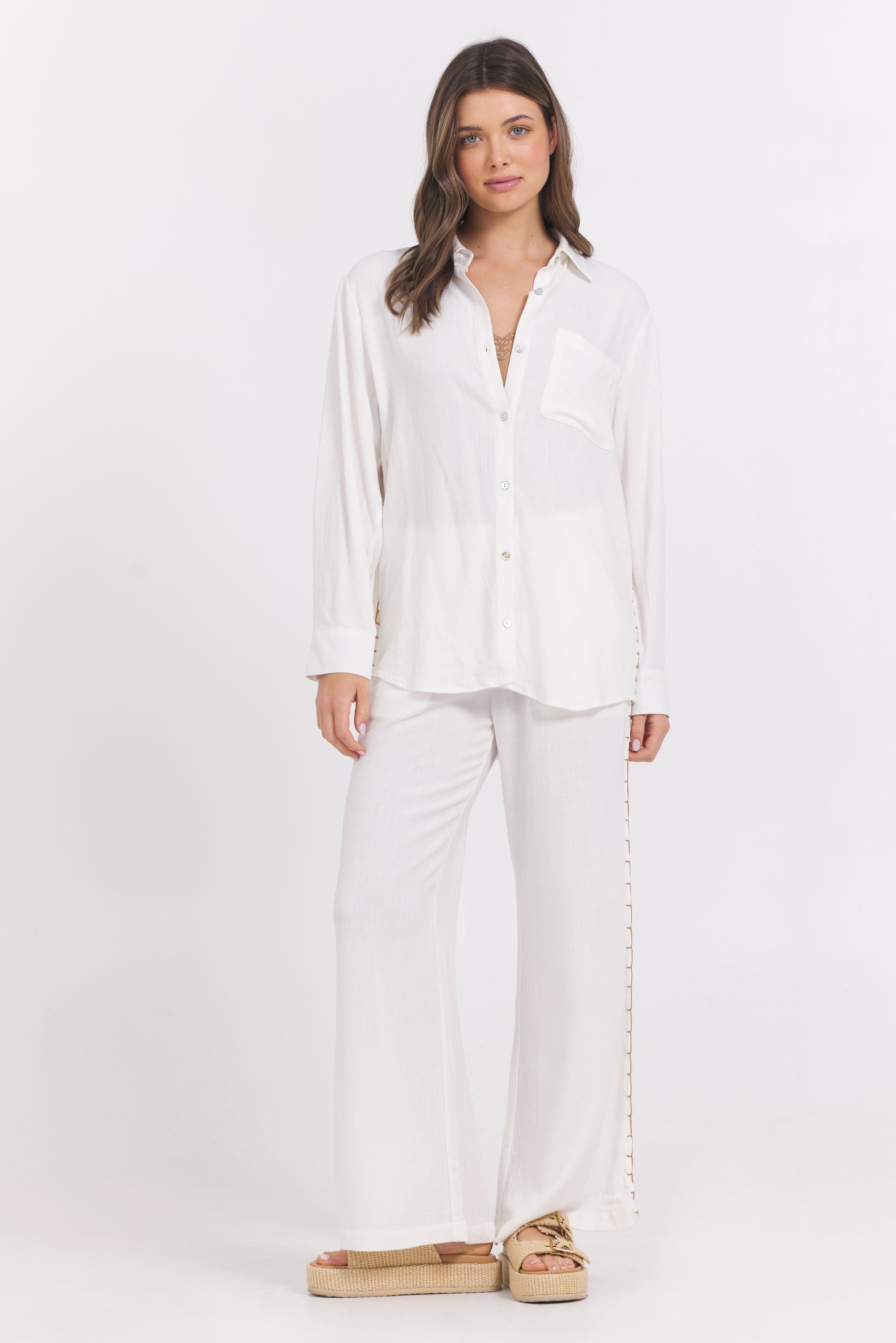 Washed Linen Wide Leg Pants w/ Whip Stitch