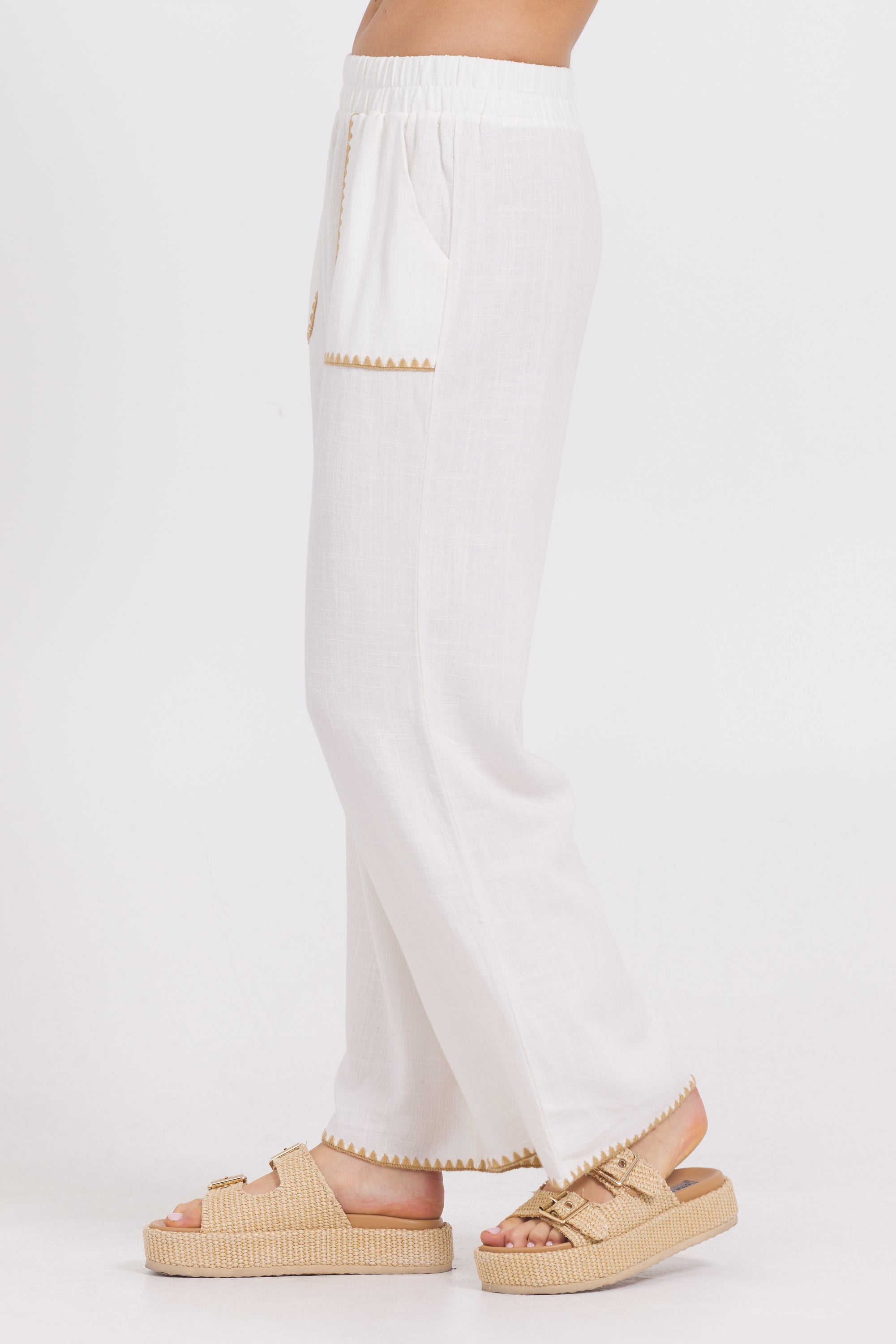 White Wide Leg Pant w/ Tan Whip Stitch