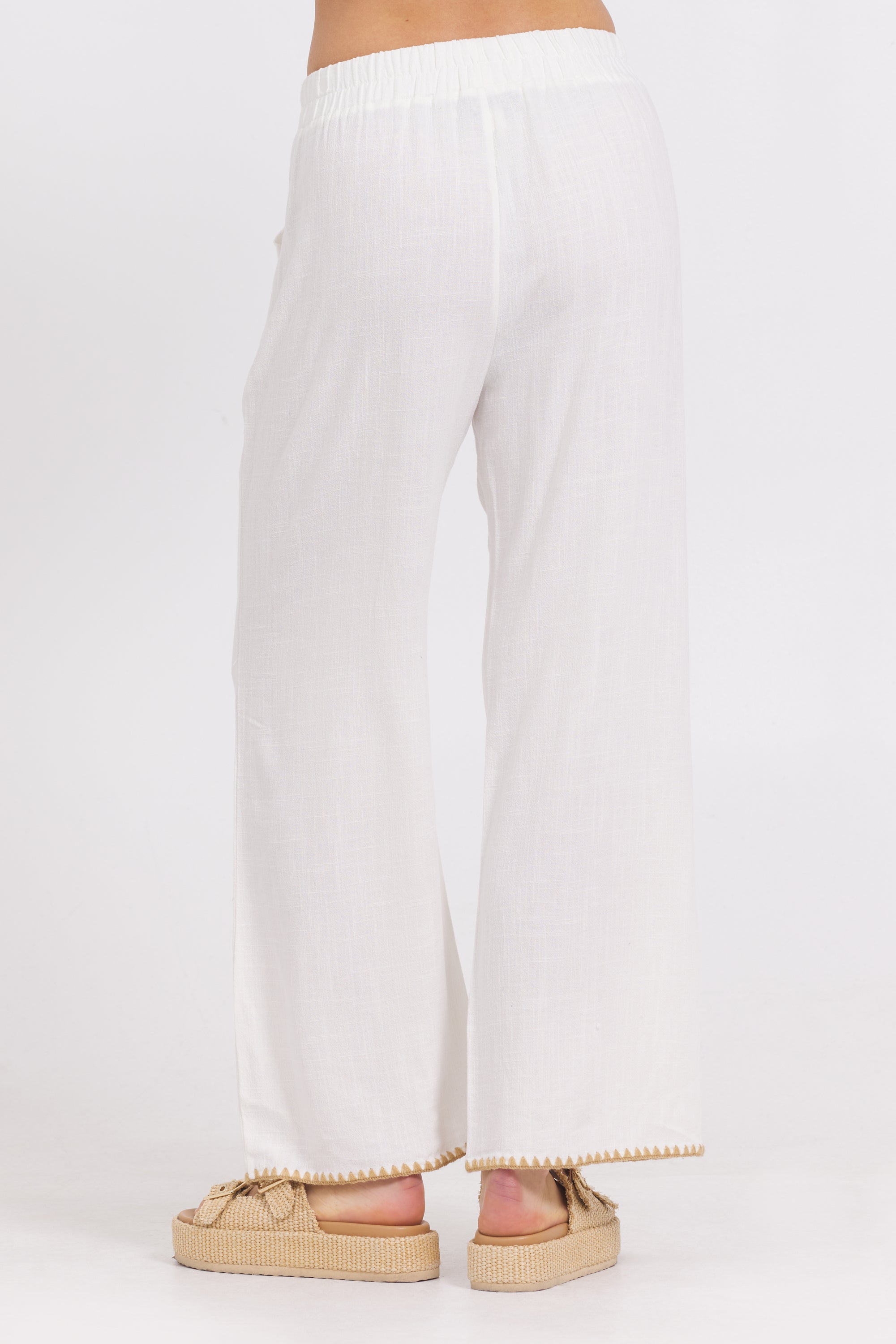 White Wide Leg Pant w/ Tan Whip Stitch