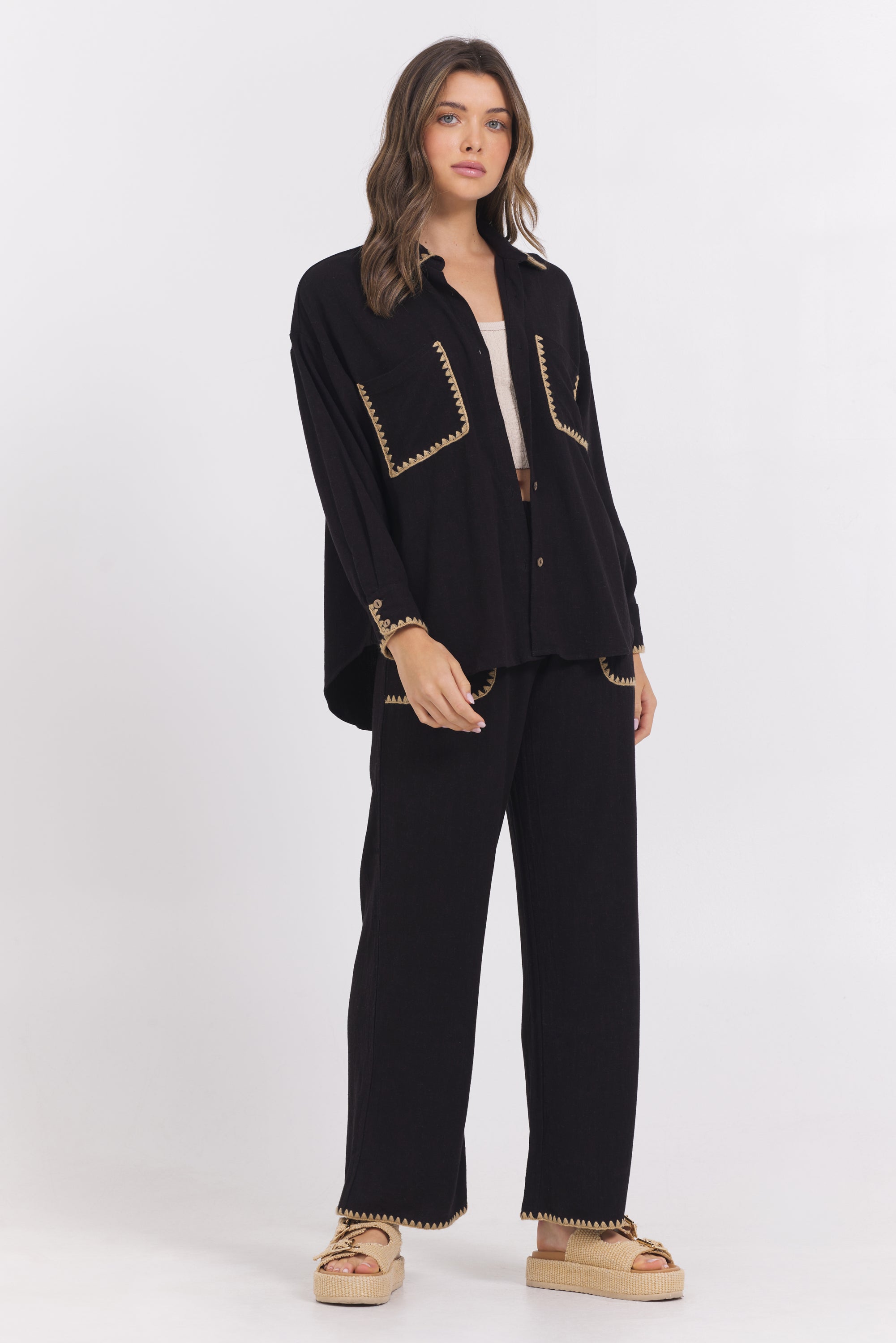 Black Wide Leg Pant w/ Tan Whip Stitch