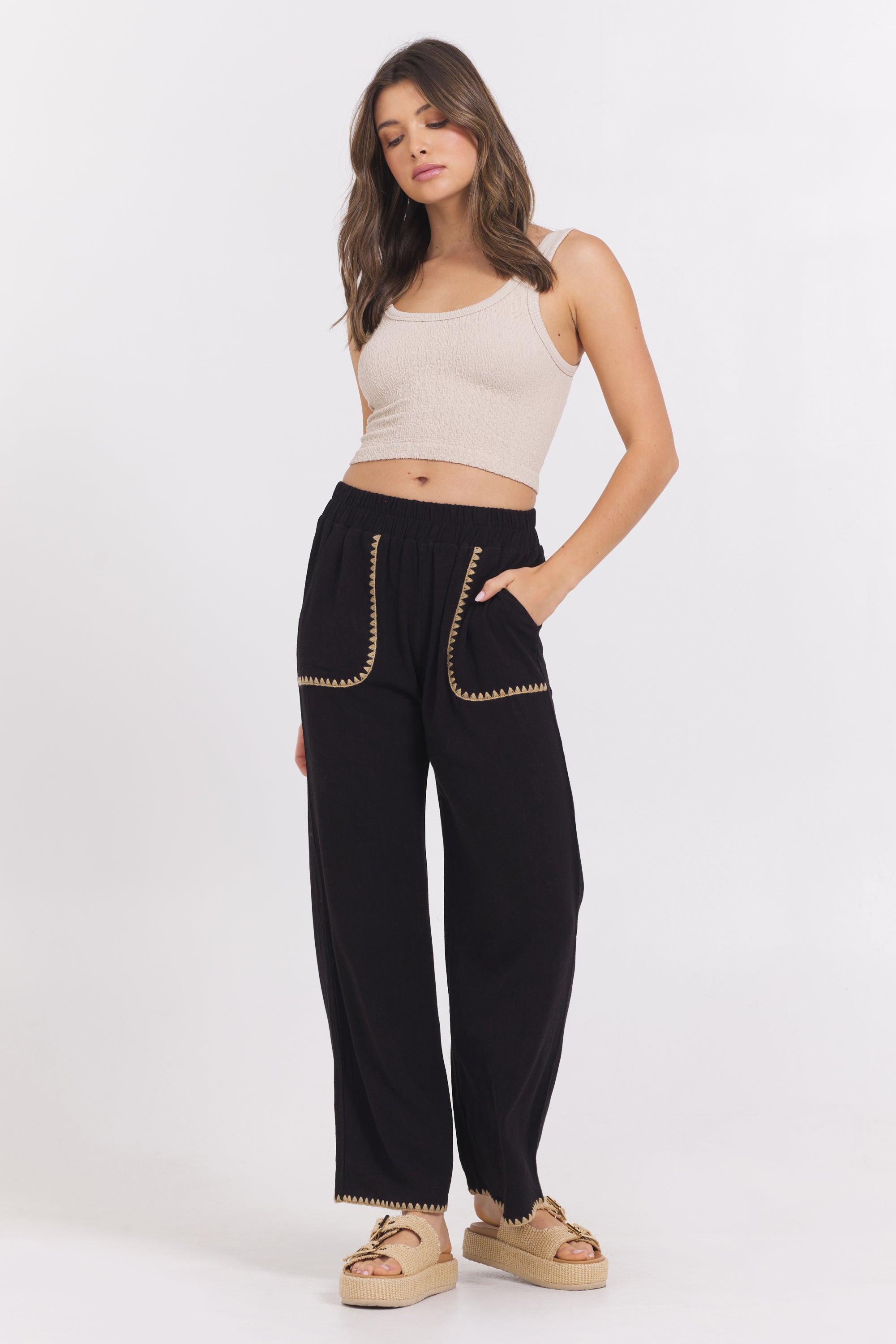 Black Wide Leg Pant w/ Tan Whip Stitch