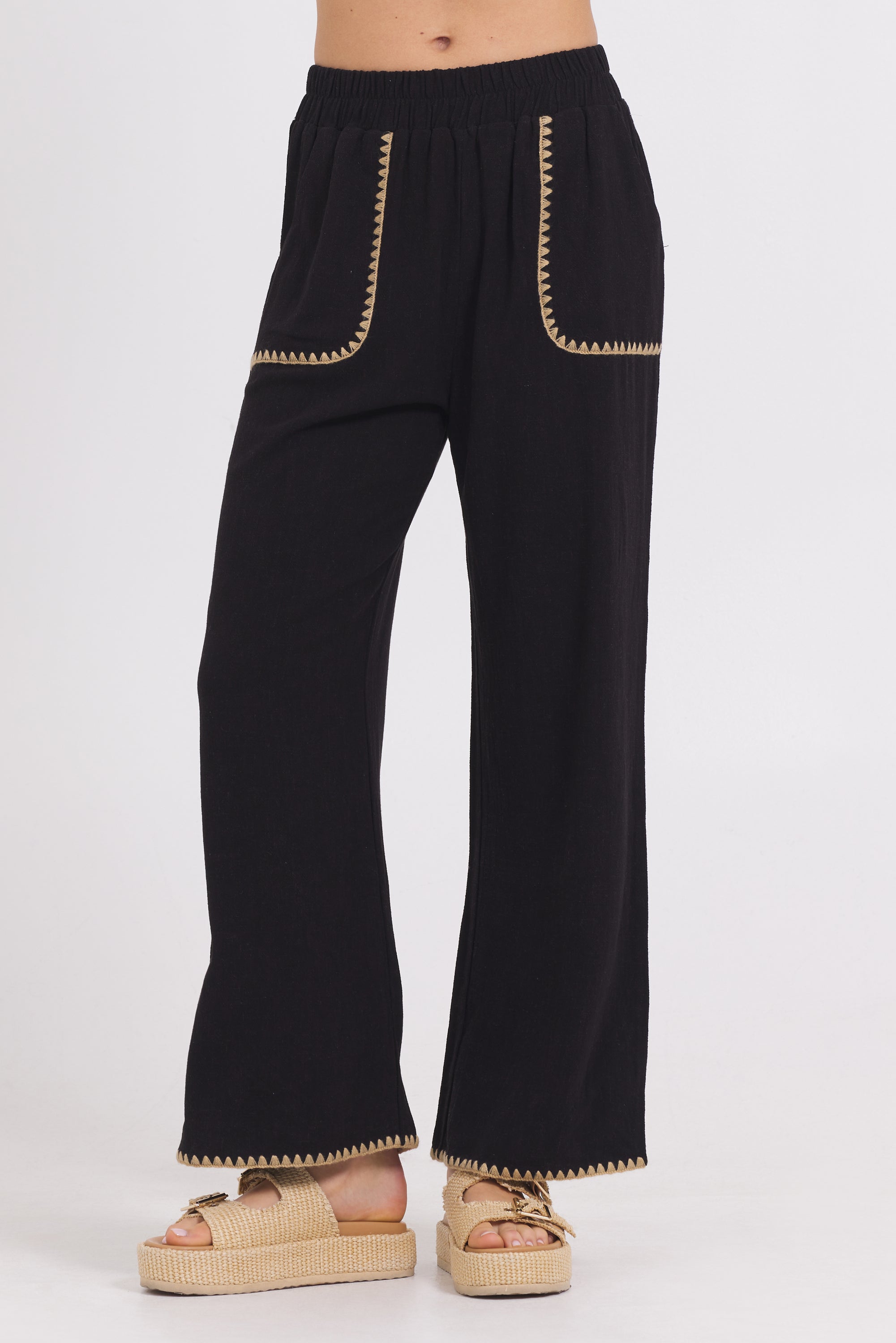 Black Wide Leg Pant w/ Tan Whip Stitch