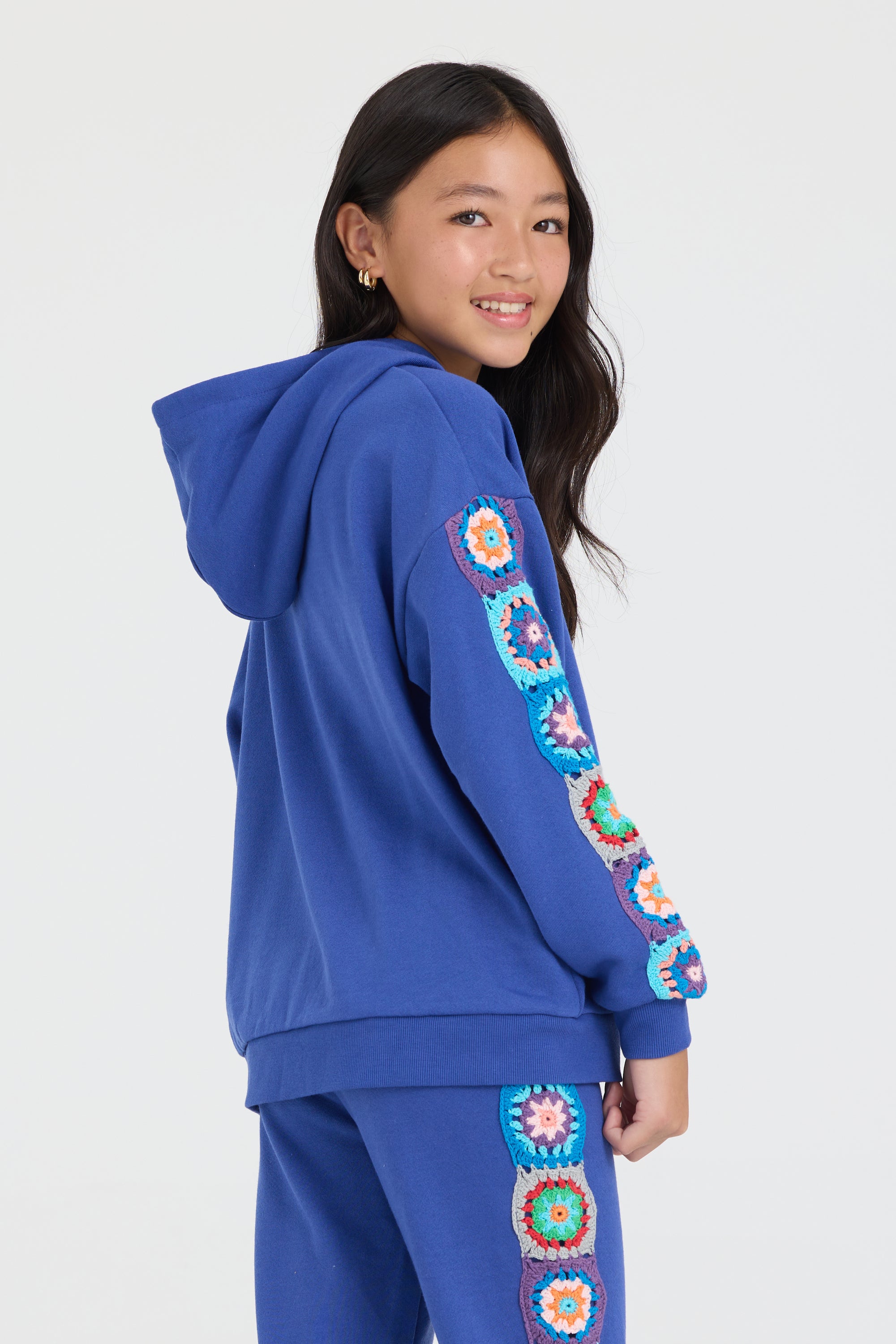 Kids Navy Cropped Full Zip Hoodie w/Crochet