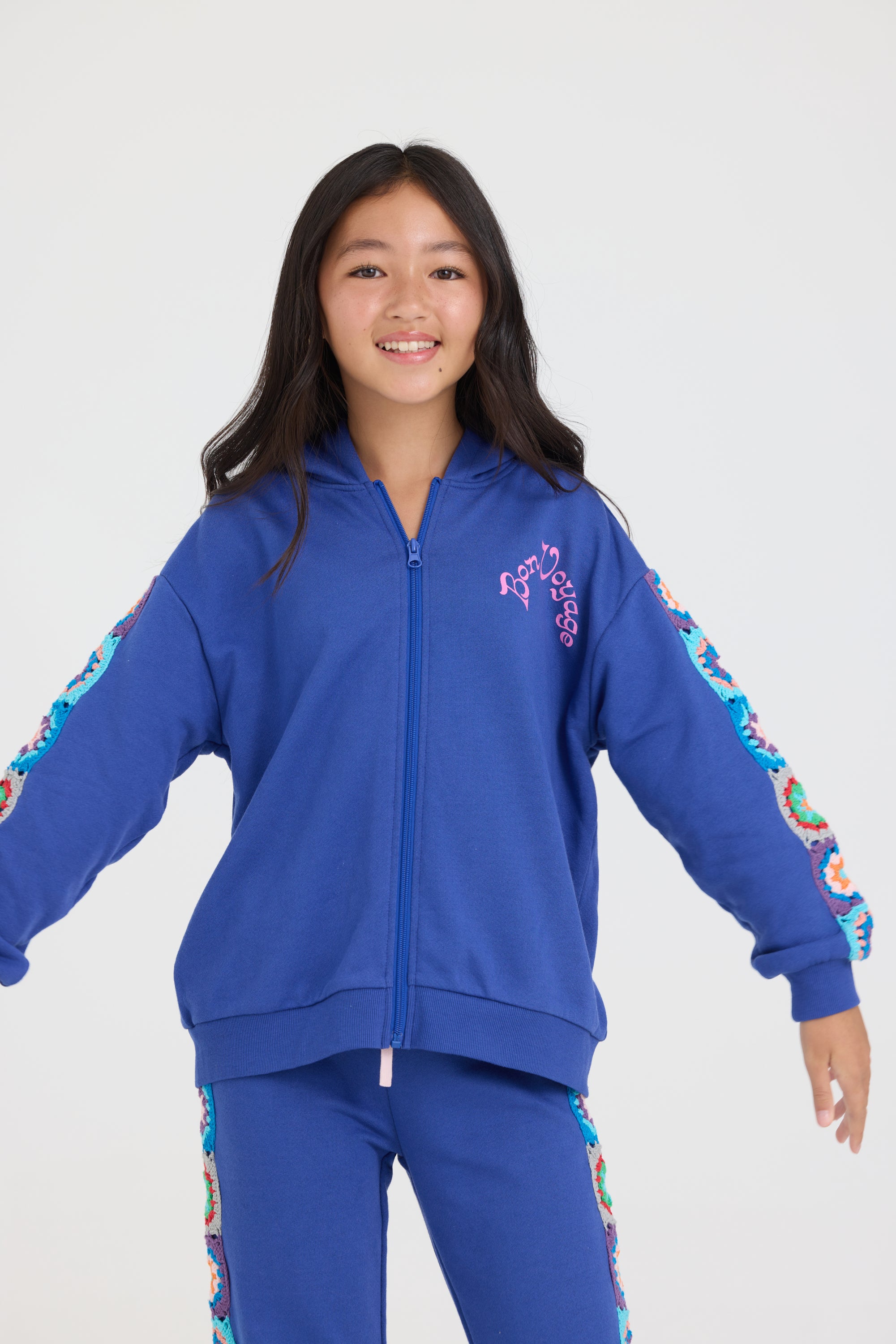 Kids Navy Cropped Full Zip Hoodie w/Crochet