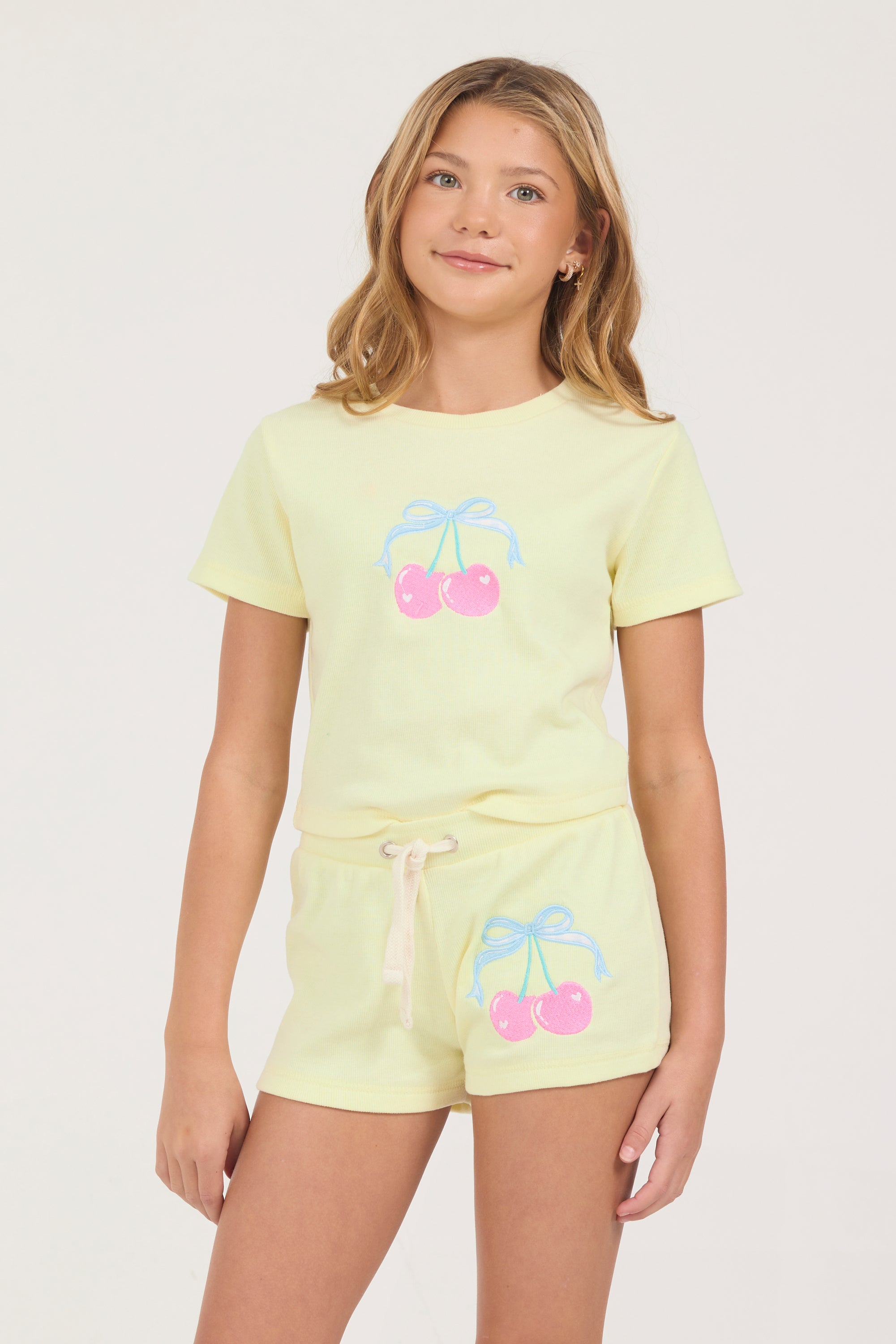 Kids Ribbed Cherry Embroidered Tee