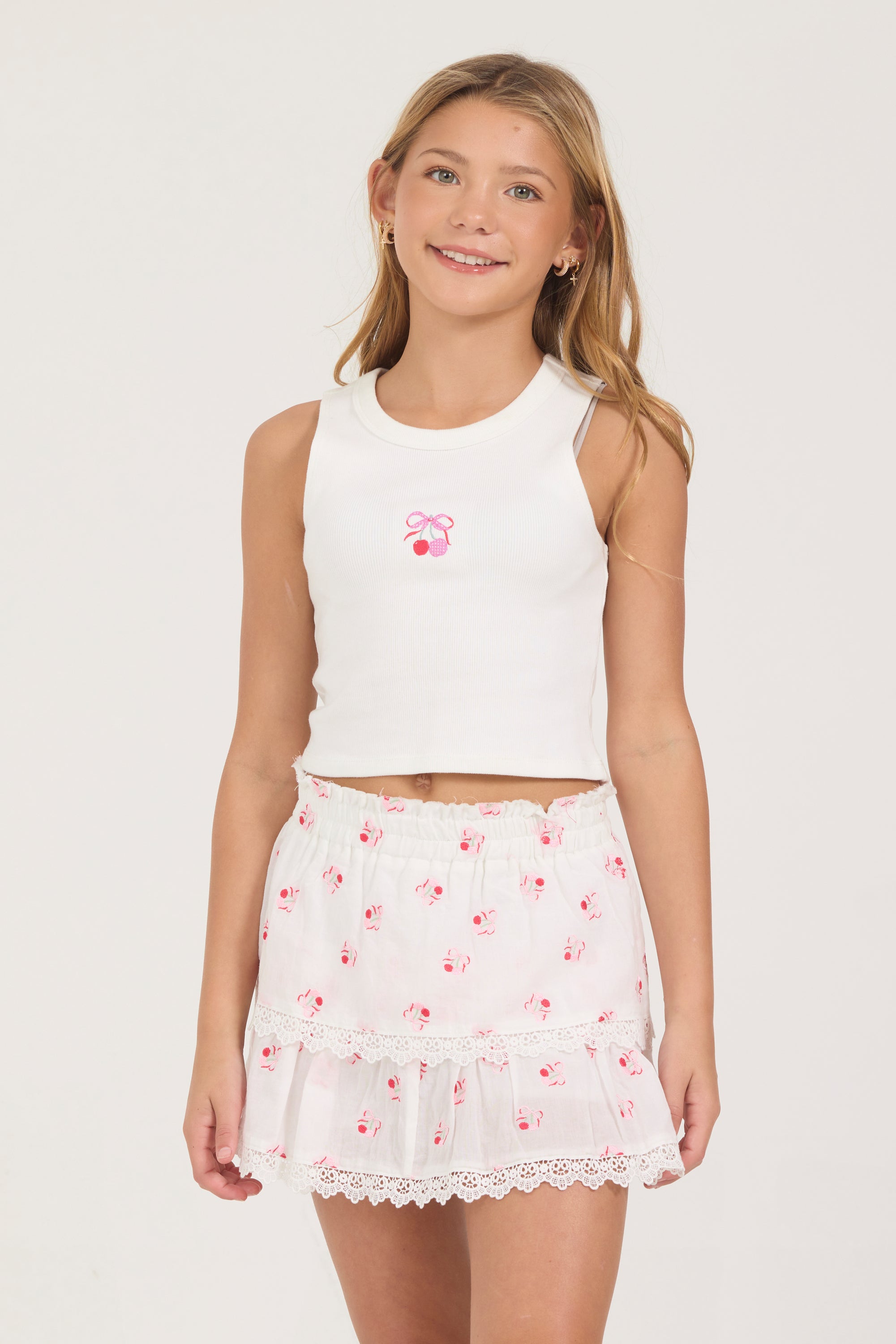 Kids Embroidered Cherry Ruffle Mini Skort